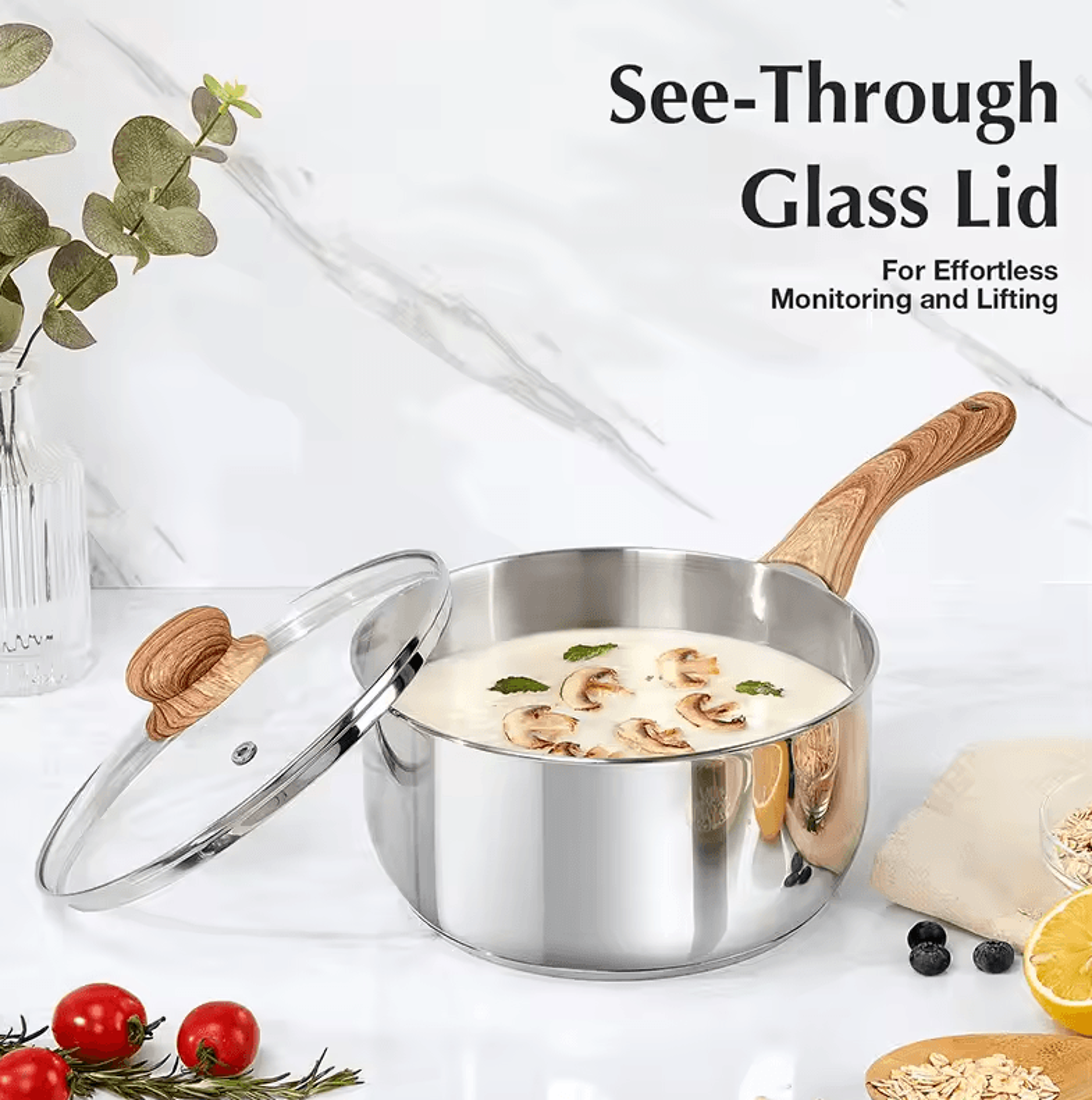 Premium 1 Quart Stainless Steel Saucepan With Glass Lid  Wooden Handle 3