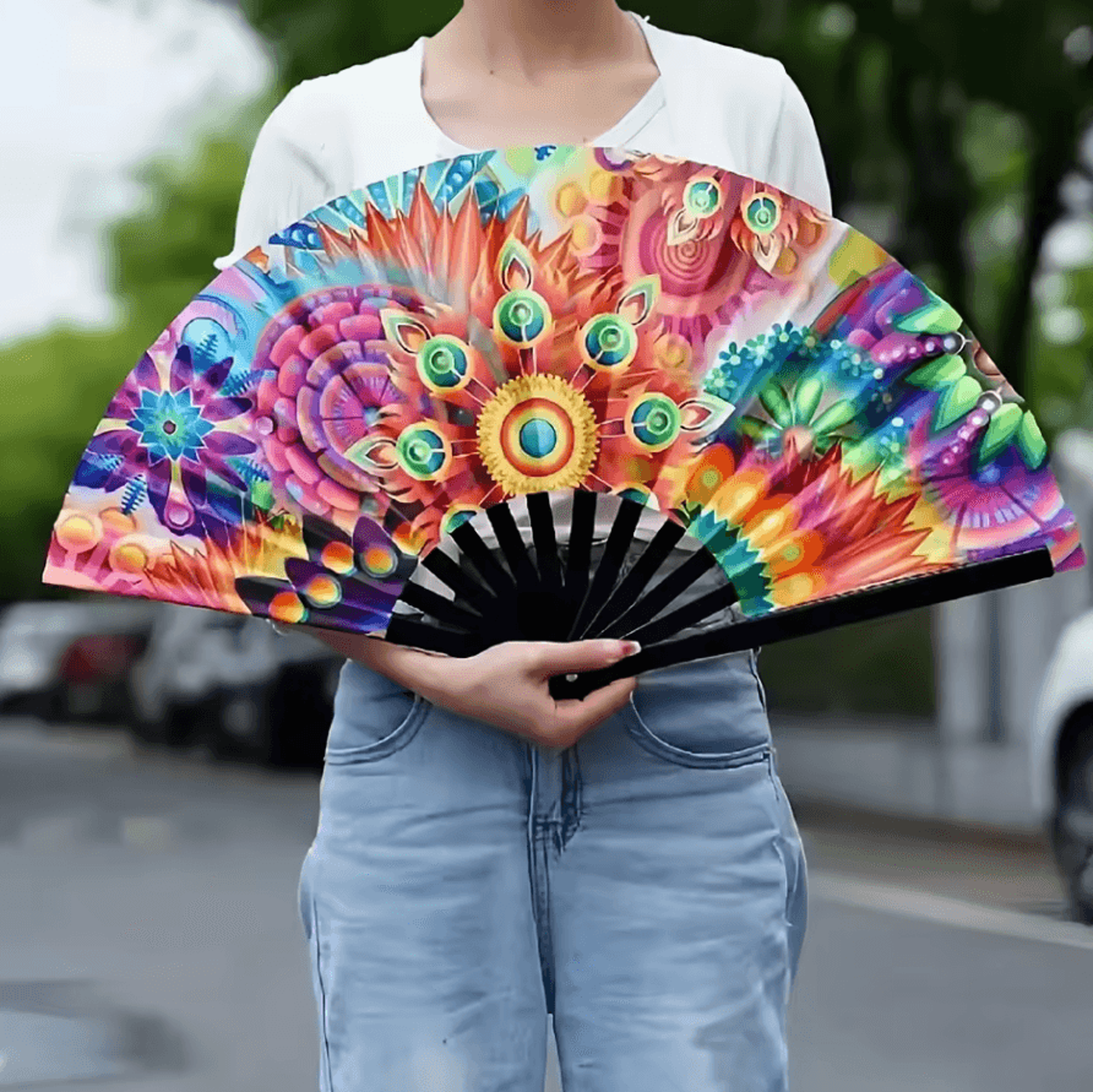 Large Carnival Folding Fan With Energetic Neon Mushroom Pattern  Unisex Hand Fan 6