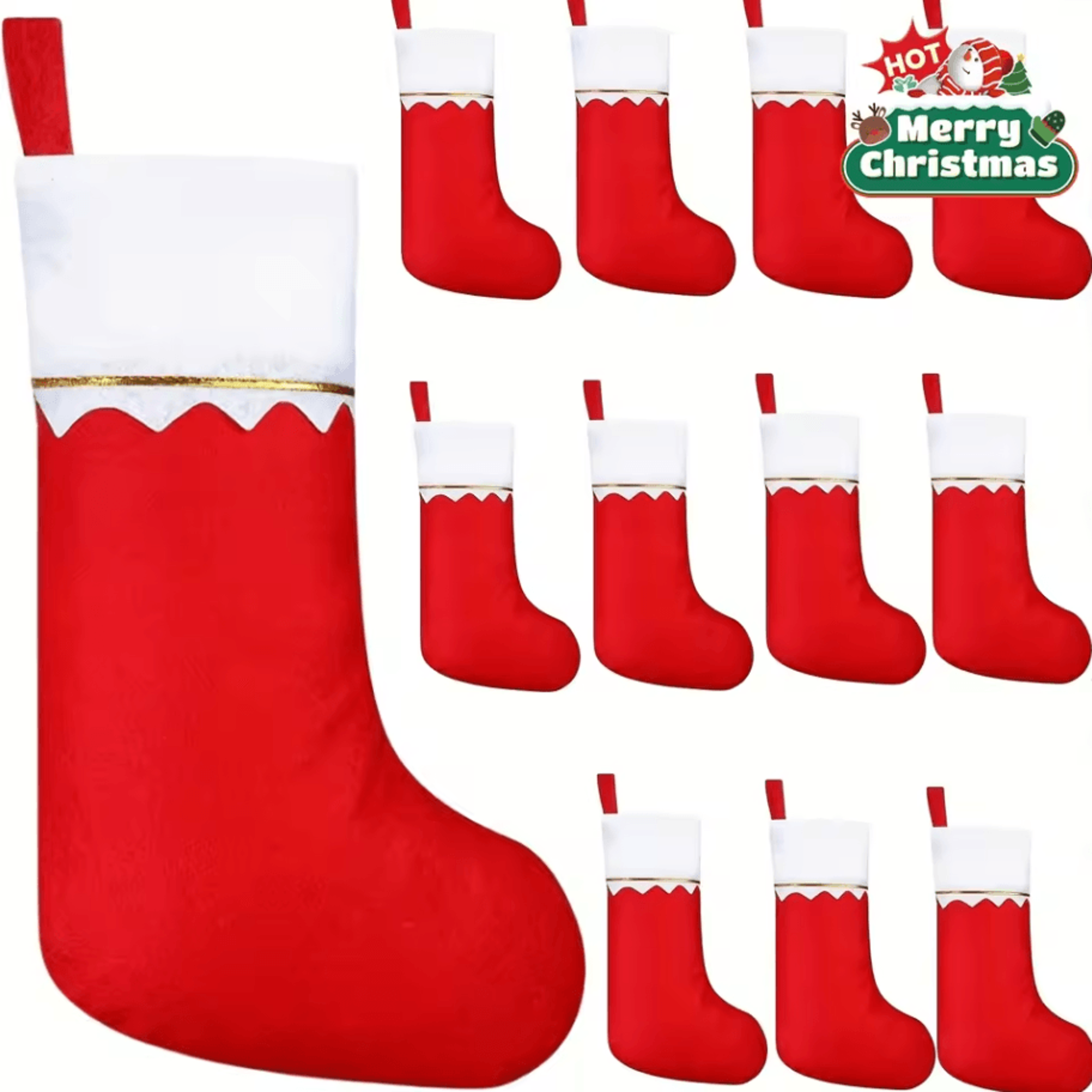 12Piece Festive Red Christmas Stockings Set  Santa Claus  Reindeer Design 5