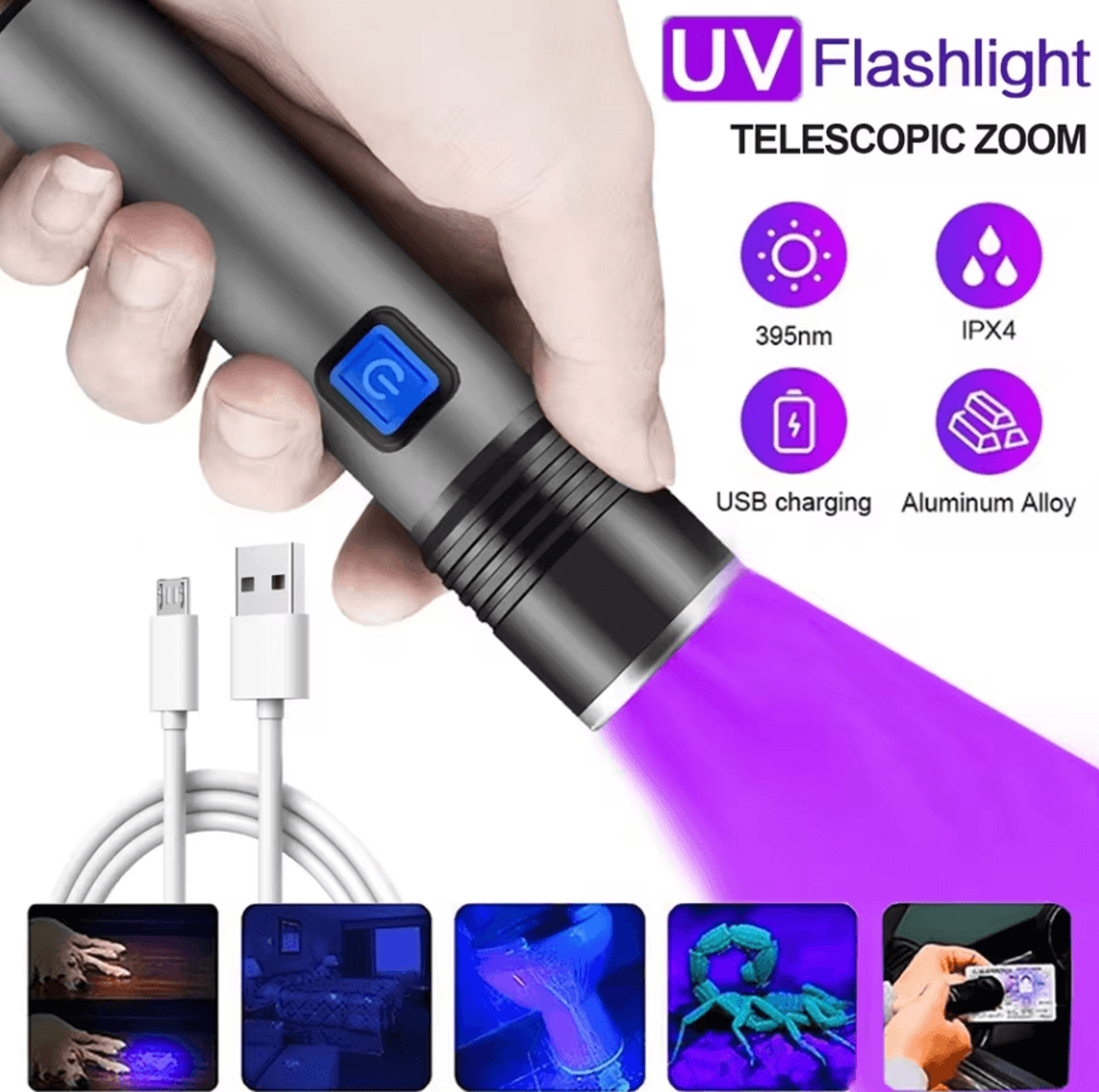 395nm UV Flashlight Blacklight  Zoomable USB Rechargeable Ultraviolet Inspection Light 0