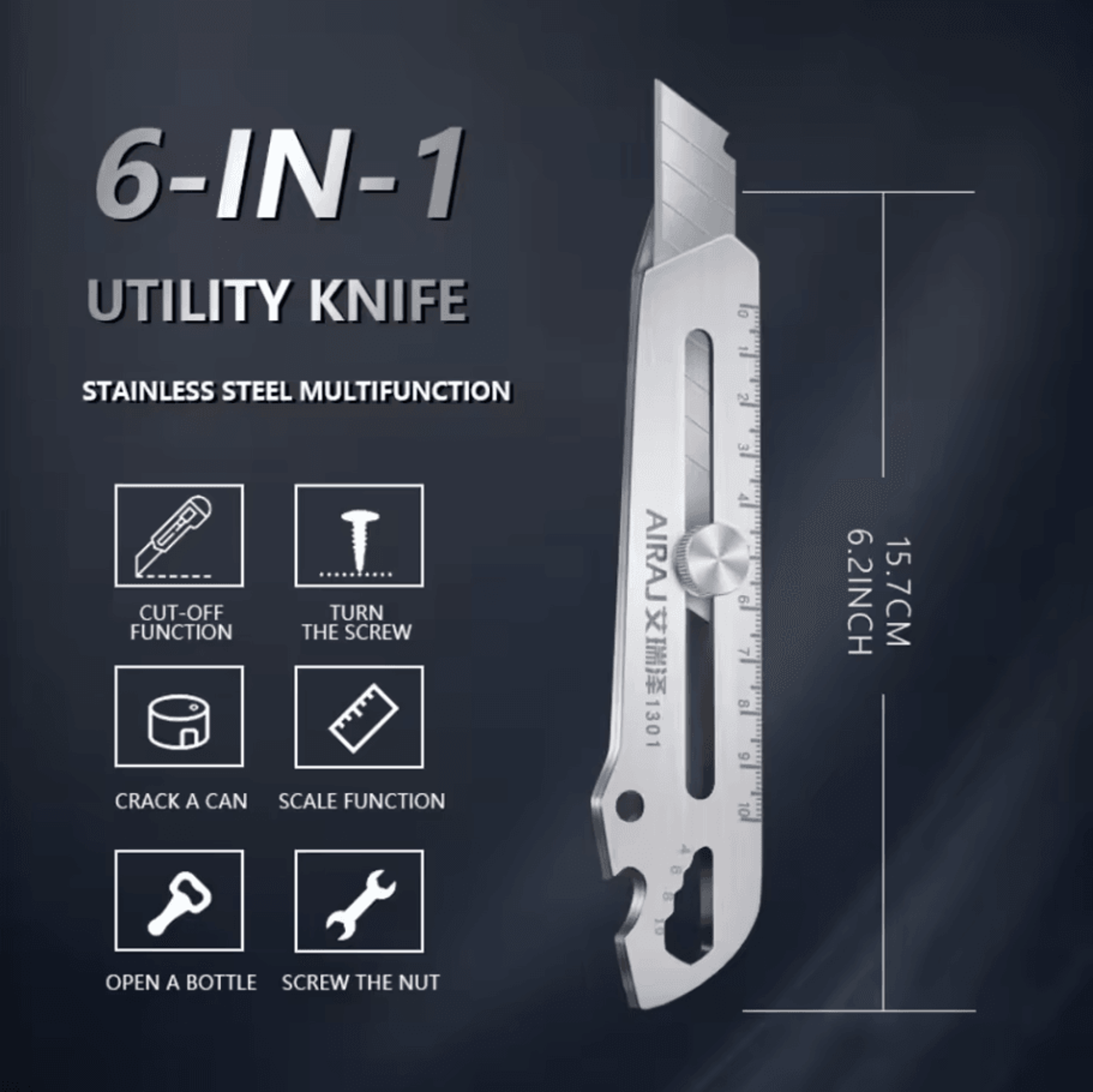 Multifunctional Utility Knife Tool  6in1 Stainless Steel All Purpose Cutter With Bottle Opener Rule 2