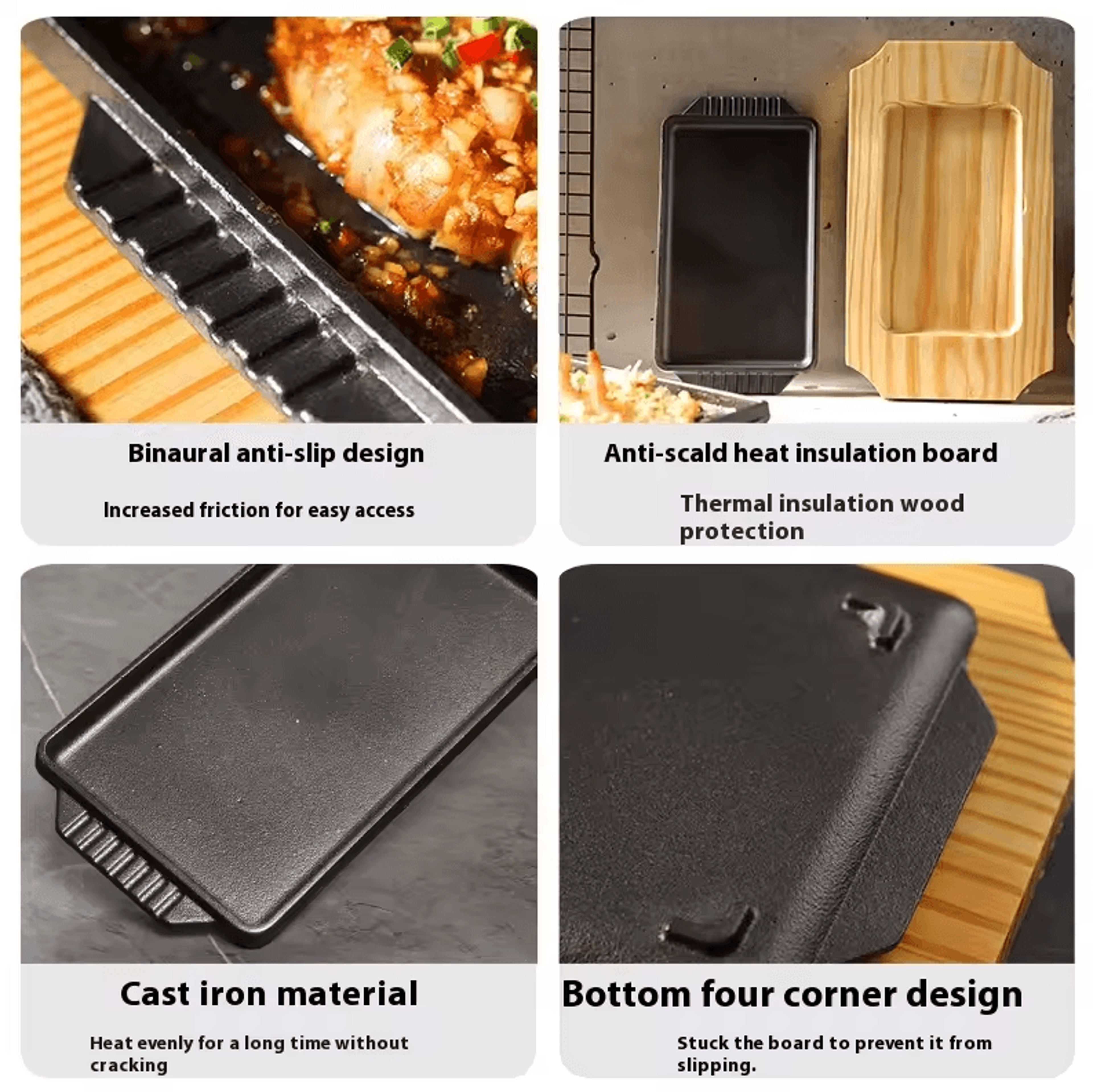 Cast Iron Sizzling Hot Plate  Rectangle Barbecue Steak Pan With Wooden Base For Teppanyaki  Grilled 4