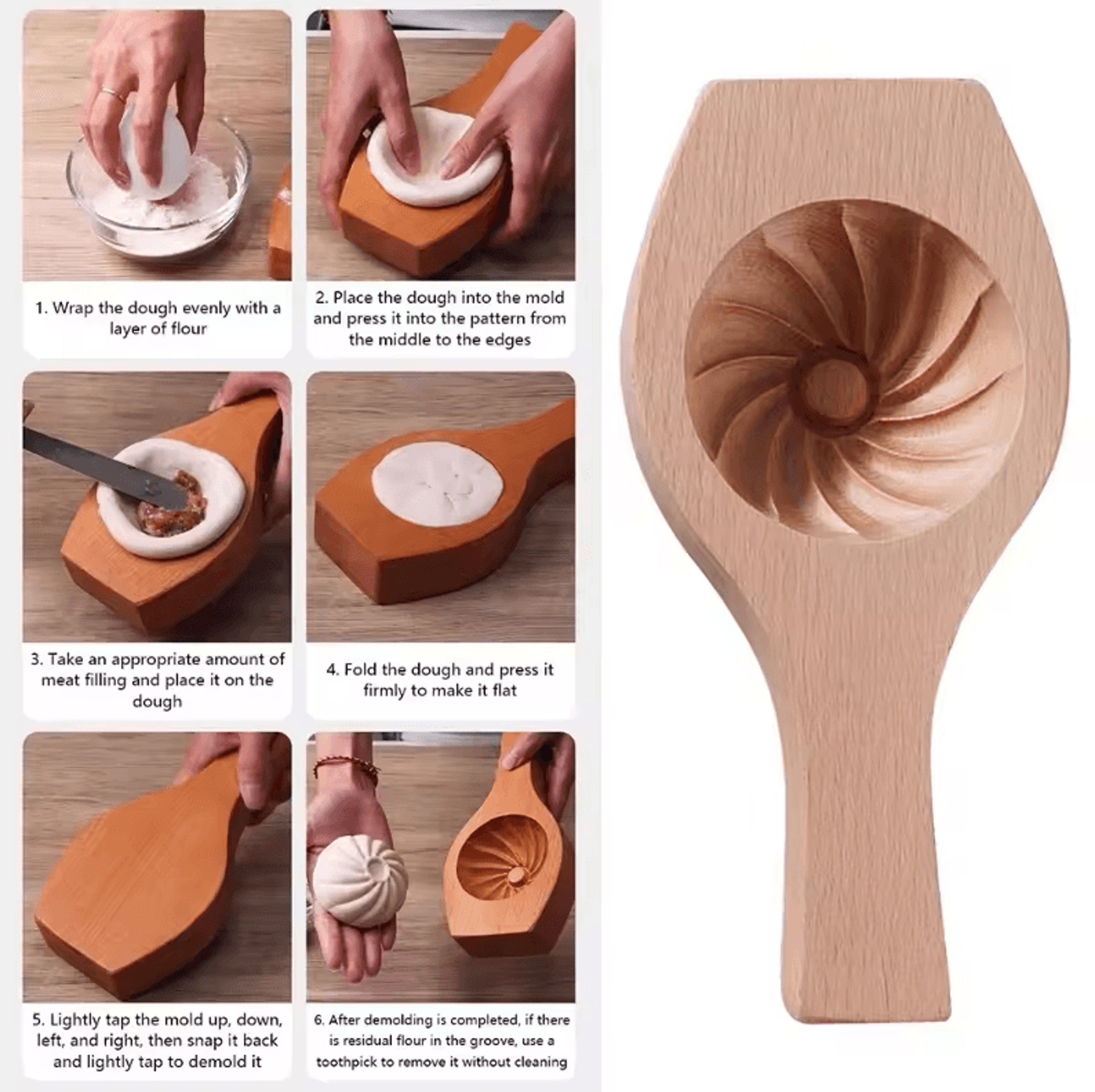 Solid Wood Handmade Mantou  Stuffed Bun Mold  Dough Shaping Tool For Steamed Buns 2