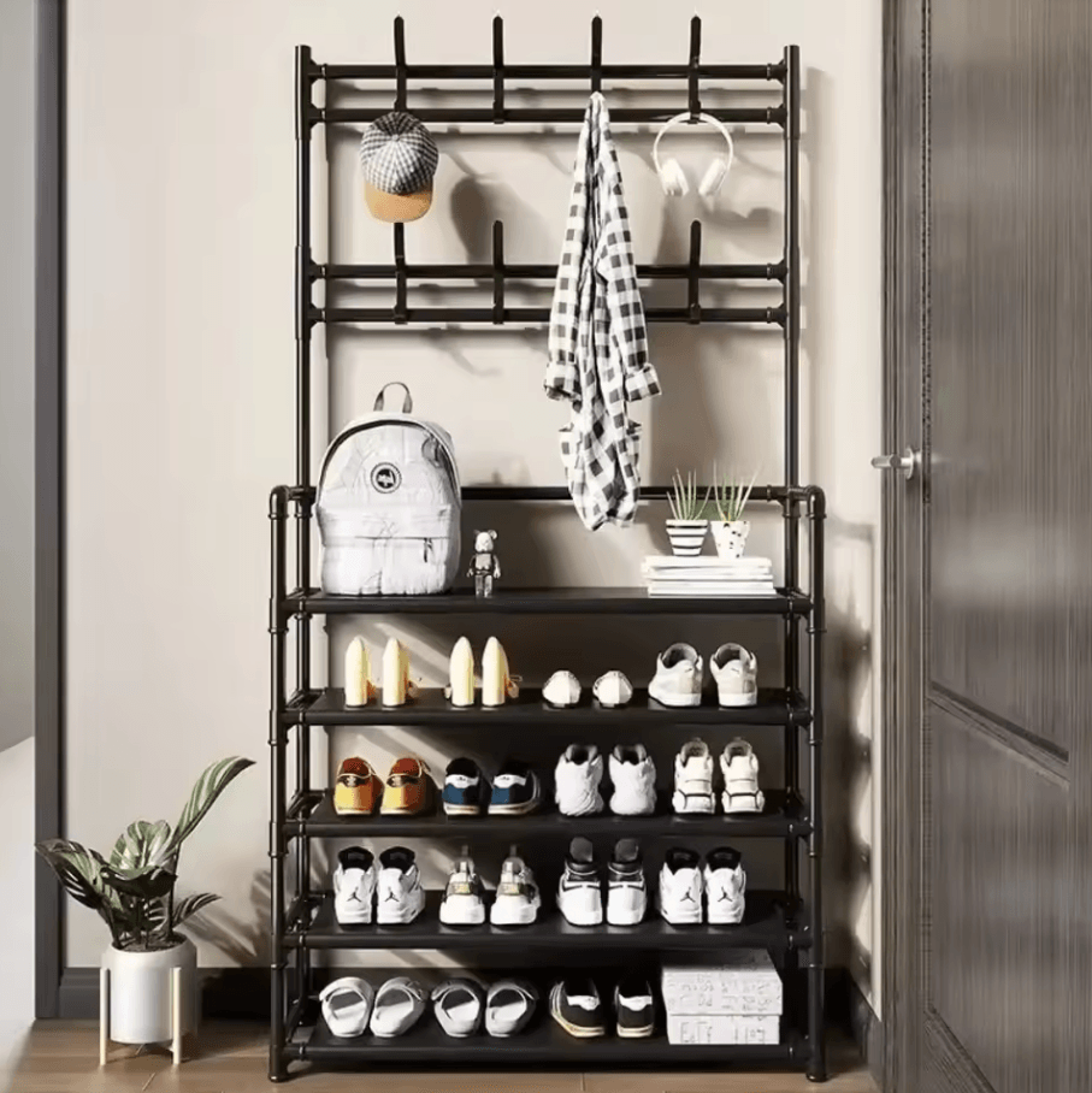 MultiLayer Clothes  Shoe Rack  FloorStanding Organizer With DIY Doorway Hanger Shelf 4