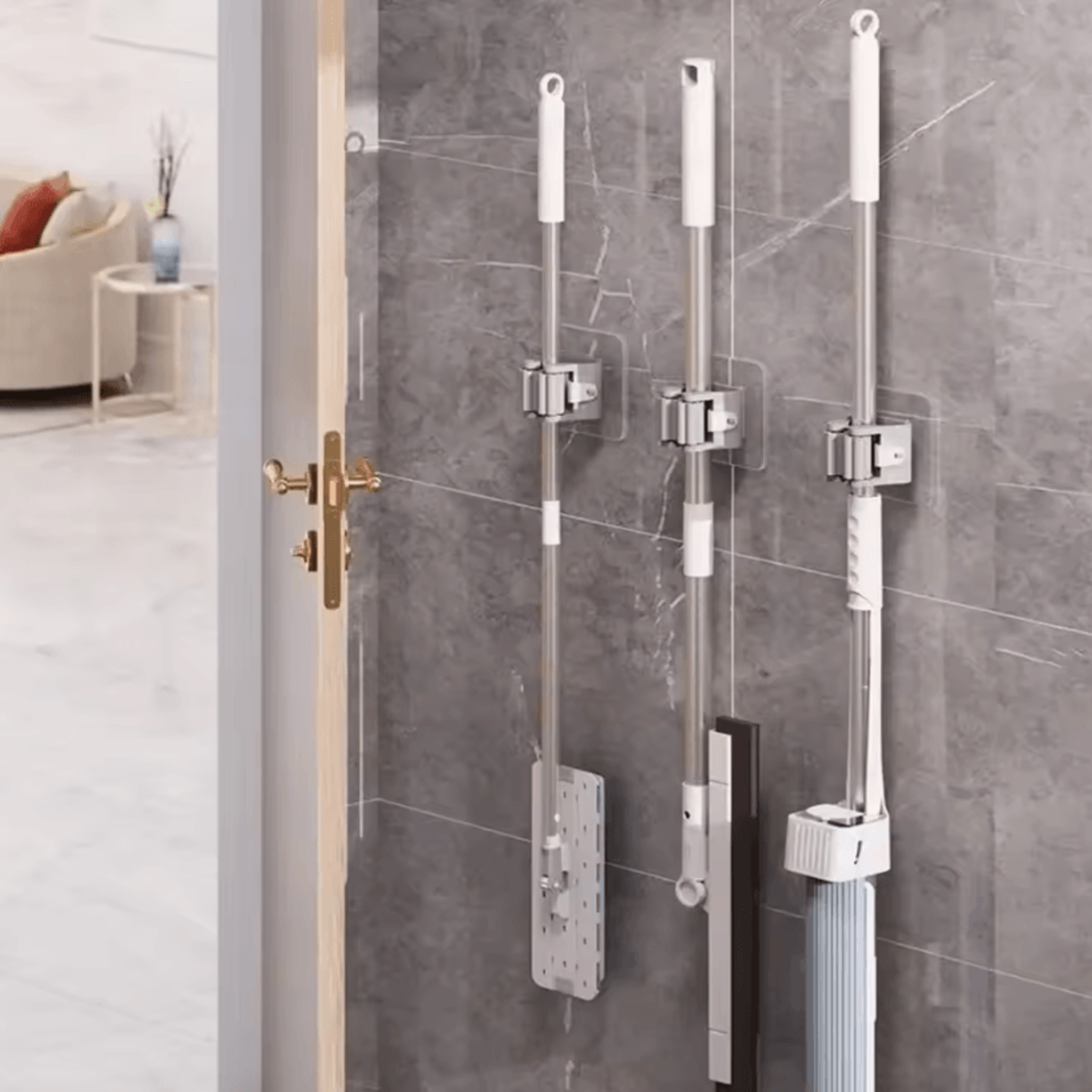 Mop Storage Rack  Wall Mounted Broom Holder With PunchFree Storage Hooks For Space Saving Cleaning  1