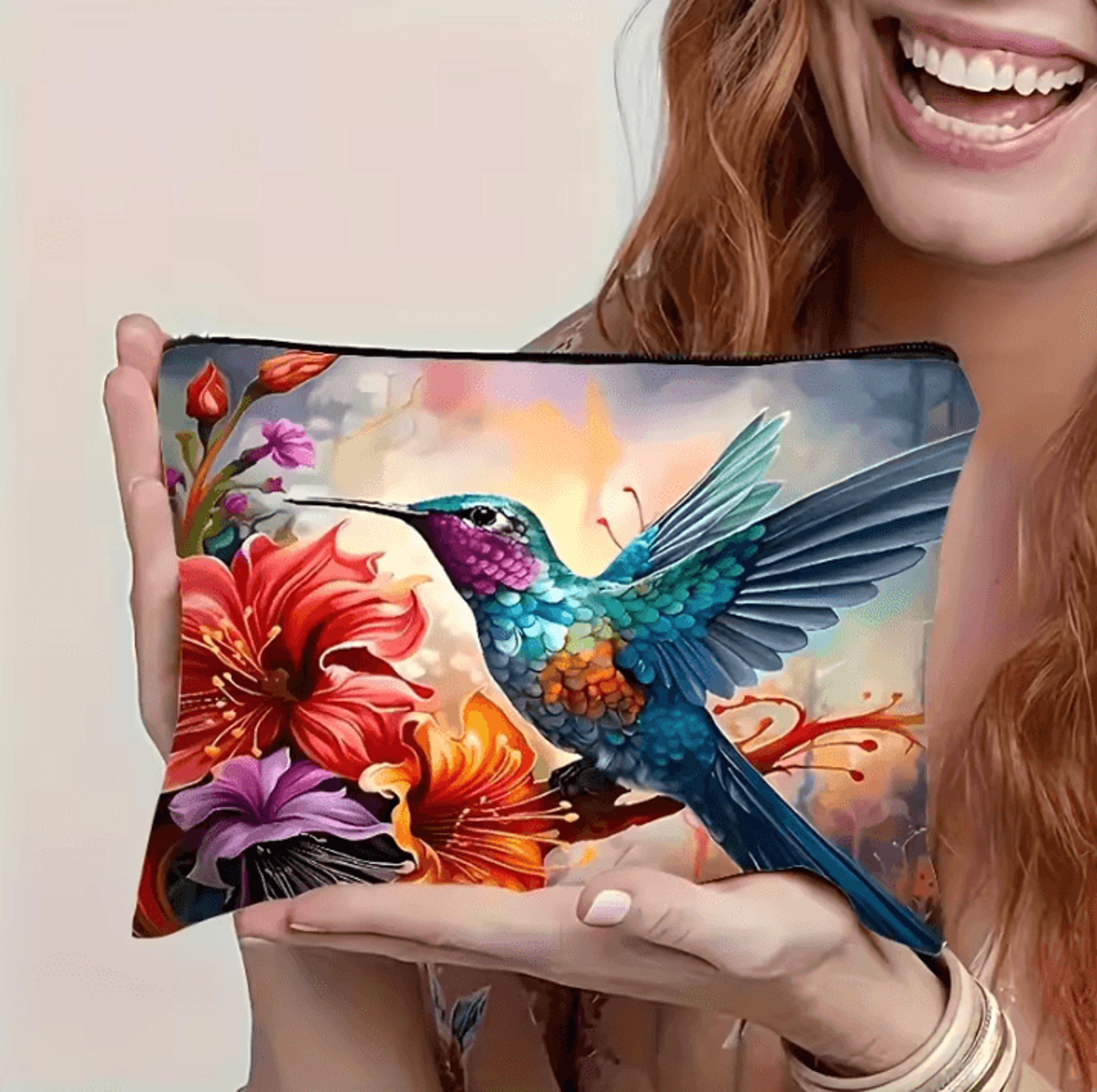Vibrant Floral Makeup Bag  Hummingbird Cosmetic Bag With Zipper Travel Cosmetic Pouch 1