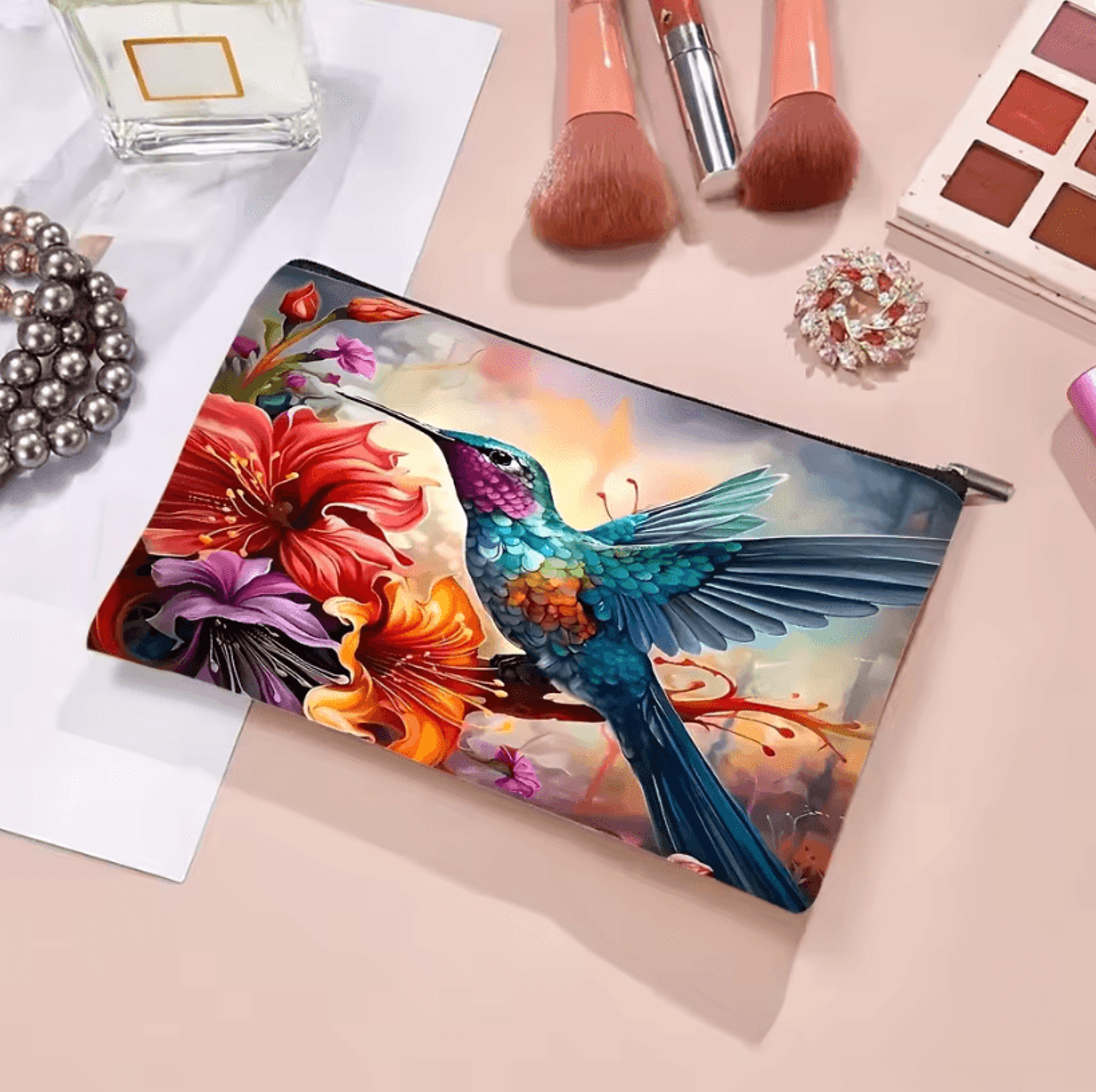Vibrant Floral Makeup Bag  Hummingbird Cosmetic Bag With Zipper Travel Cosmetic Pouch 3