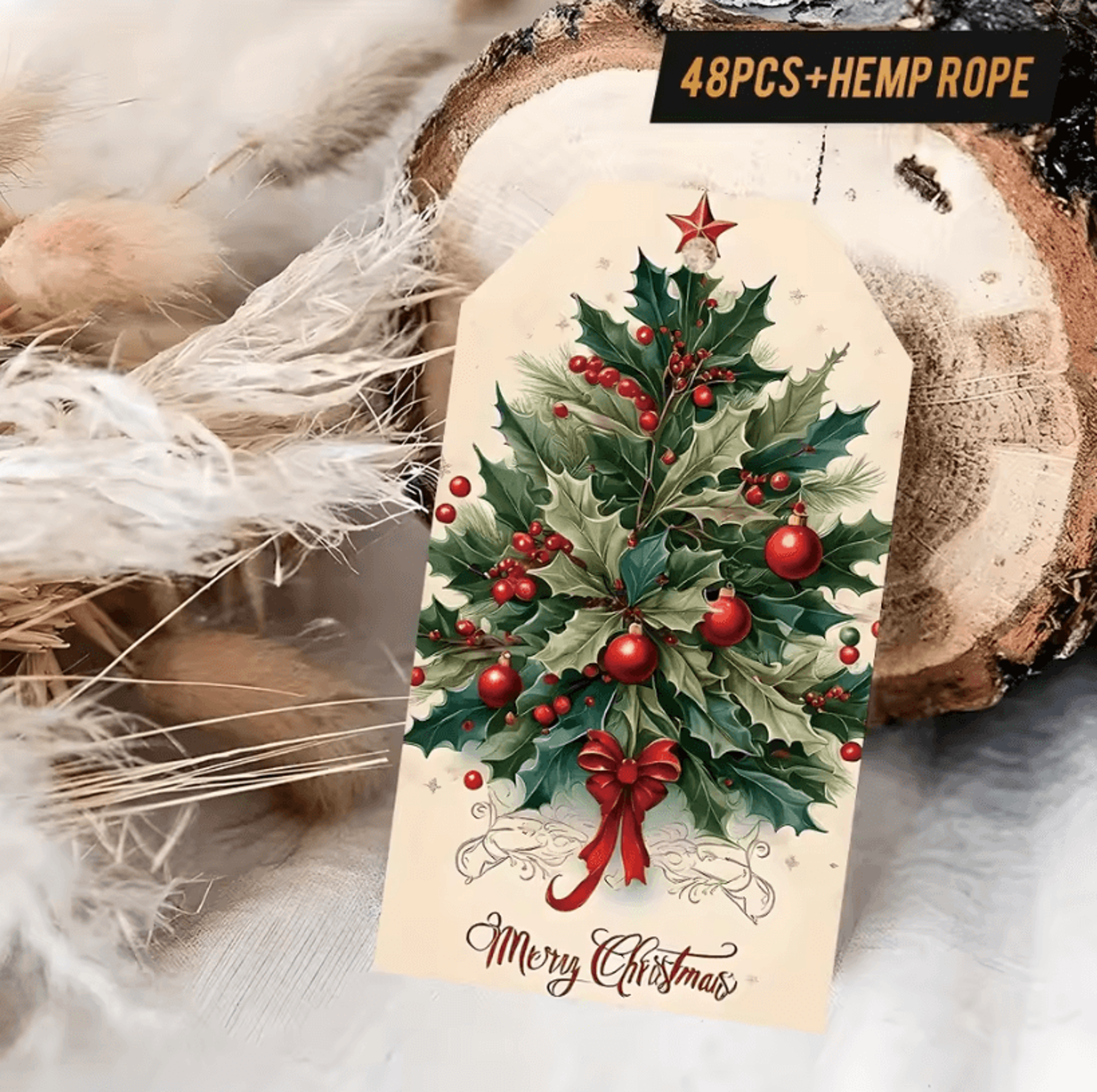 48Pcs Vintage Christmas Gift Tags 354 By 197 In  Holiday Packaging Labels With Hemp Rope For Christ 2