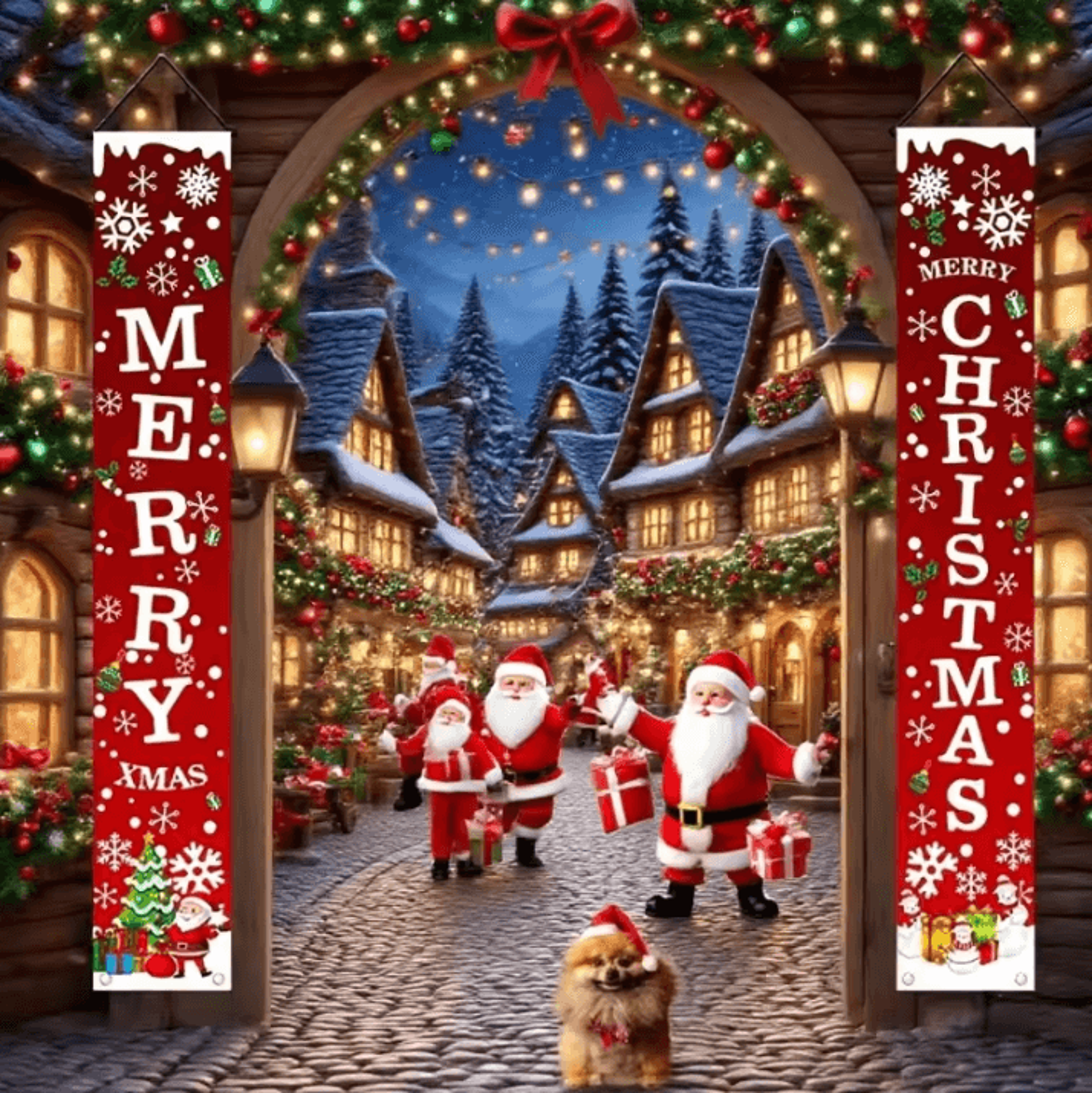1 Pair Merry Christmas Banner Polyester 2D Door Banners For Entryway Room Garden Porch Decor 0