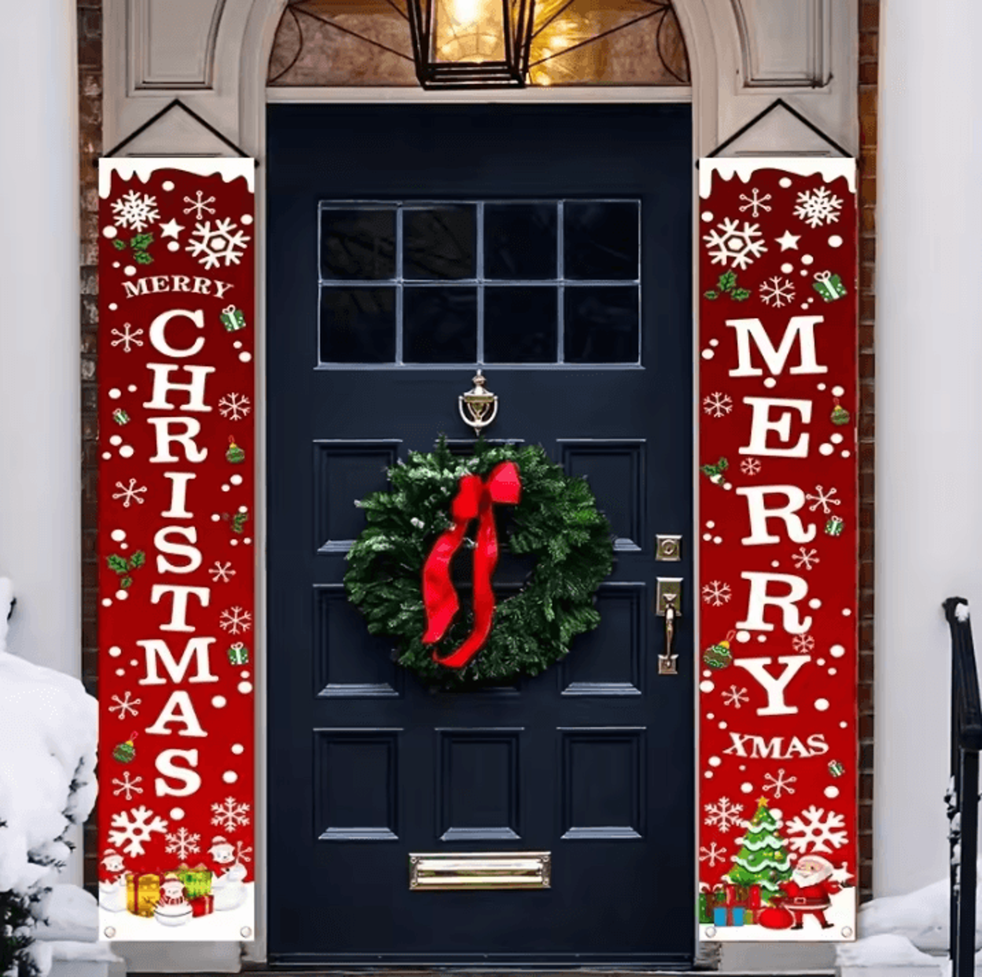 1 Pair Merry Christmas Banner Polyester 2D Door Banners For Entryway Room Garden Porch Decor 3