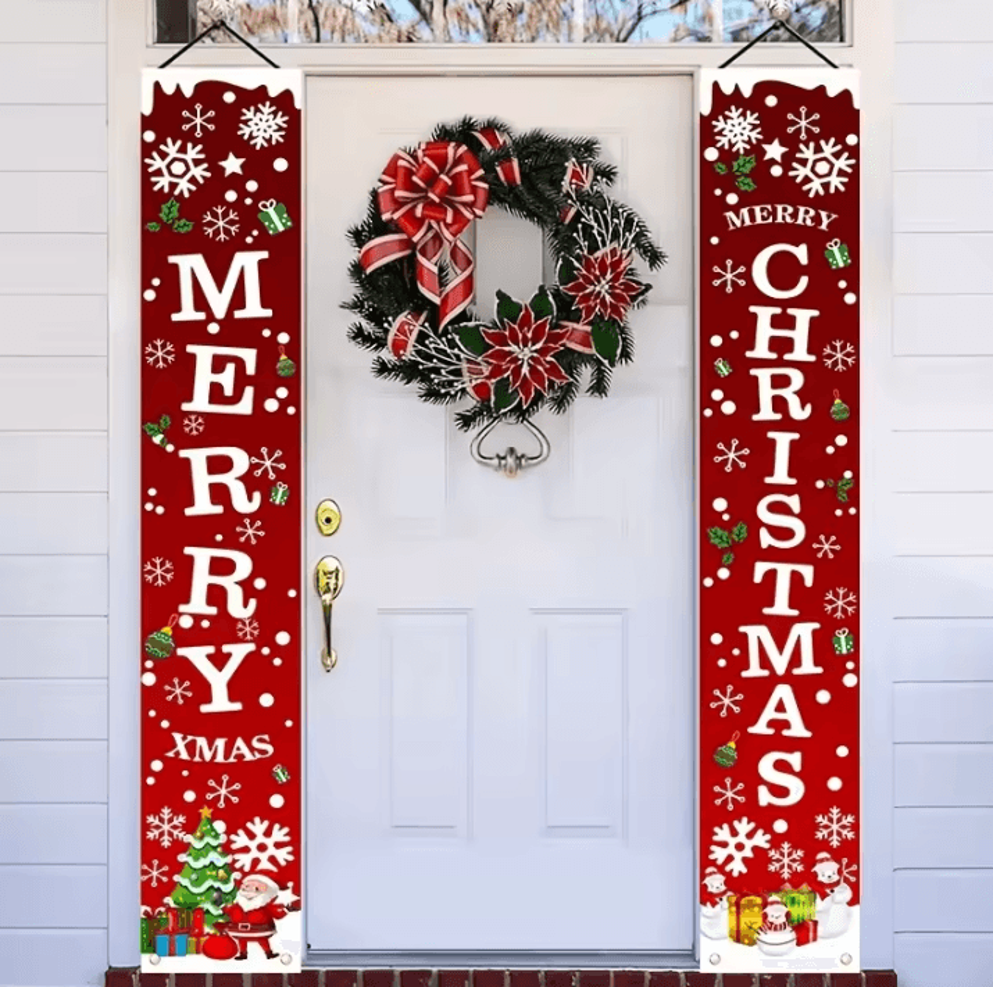 1 Pair Merry Christmas Banner Polyester 2D Door Banners For Entryway Room Garden Porch Decor 4