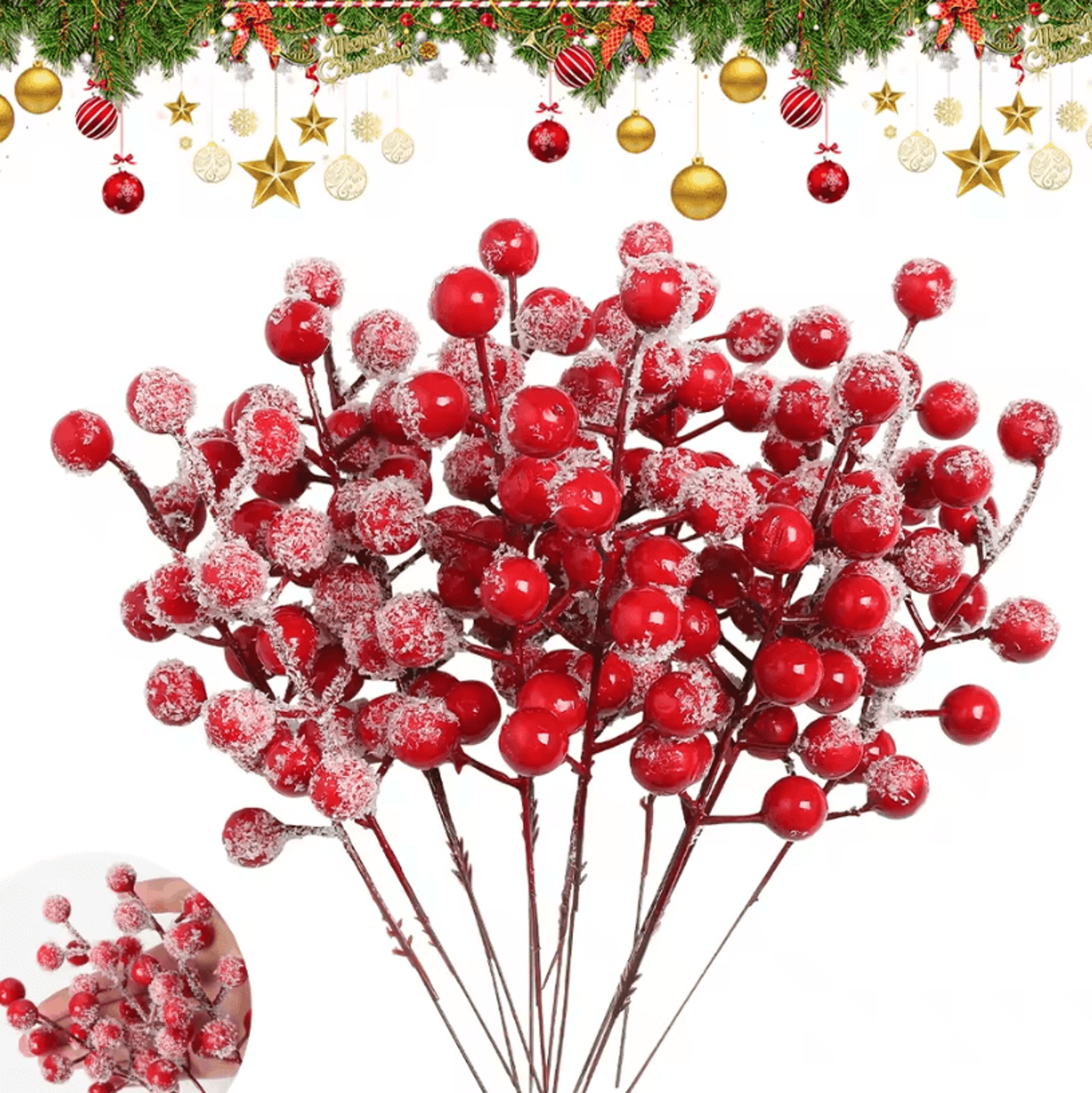 20pcs Artificial Red Berries Stems With Frosted Snow For Christmas Tree Decorations And Festive Hol 0