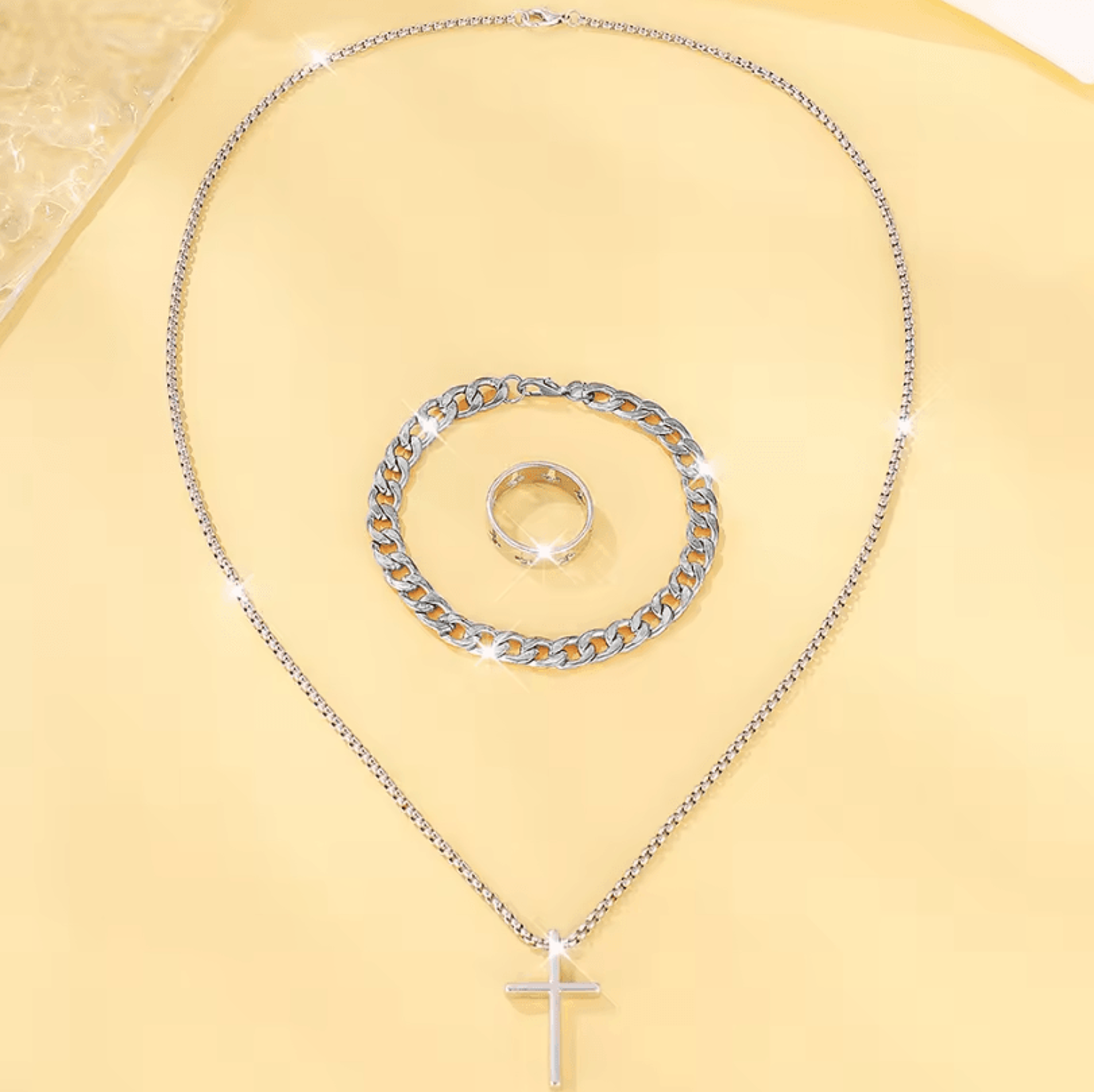 Mens 3Piece Mens Jewelry Set Alloy Cross Pendant Necklace Bracelet And Ring Combo 7