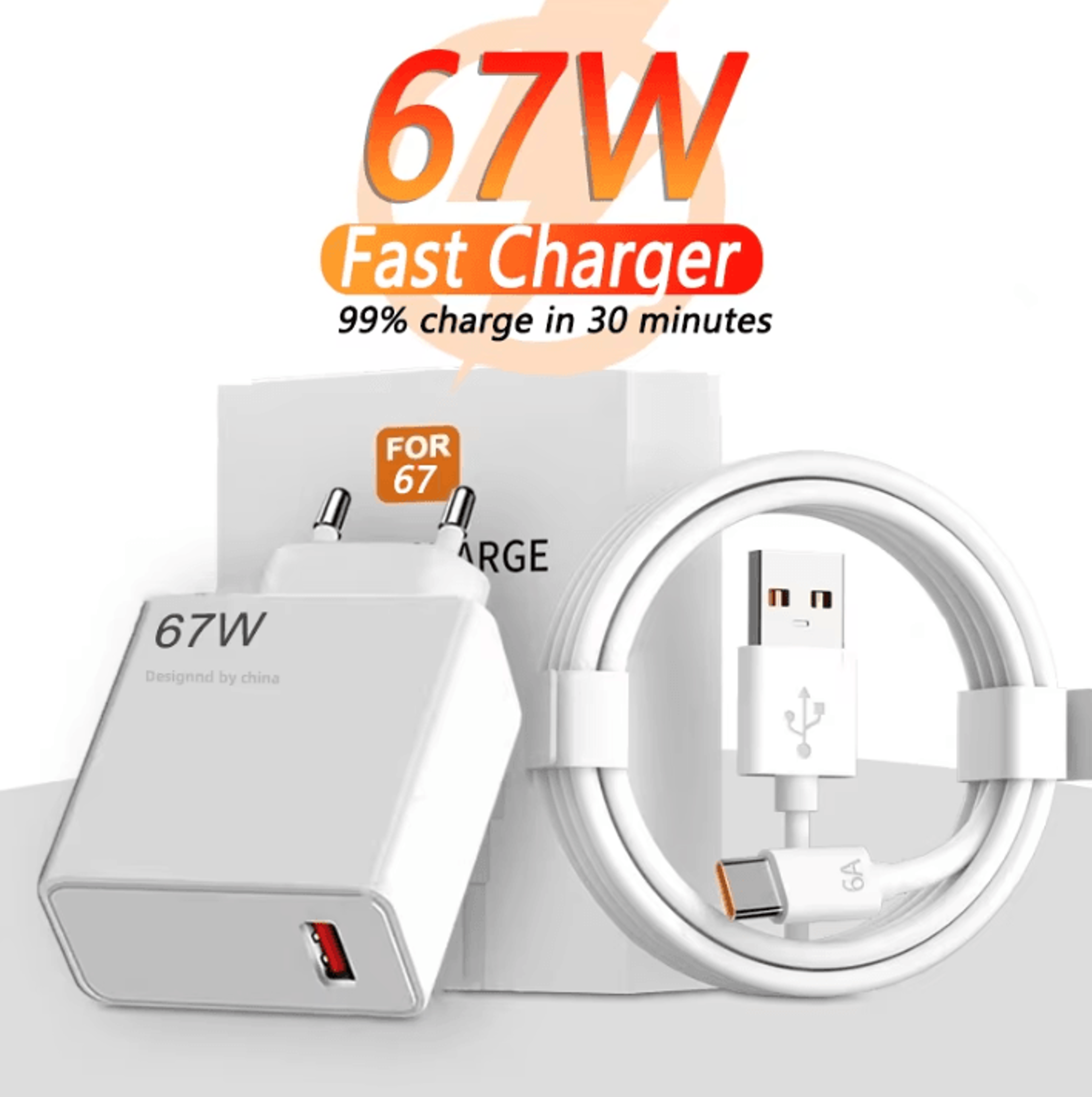 67w usb fast charger with usb type-c charging cable – quick charge adapter for xiaomi, samsung, iphone, and android