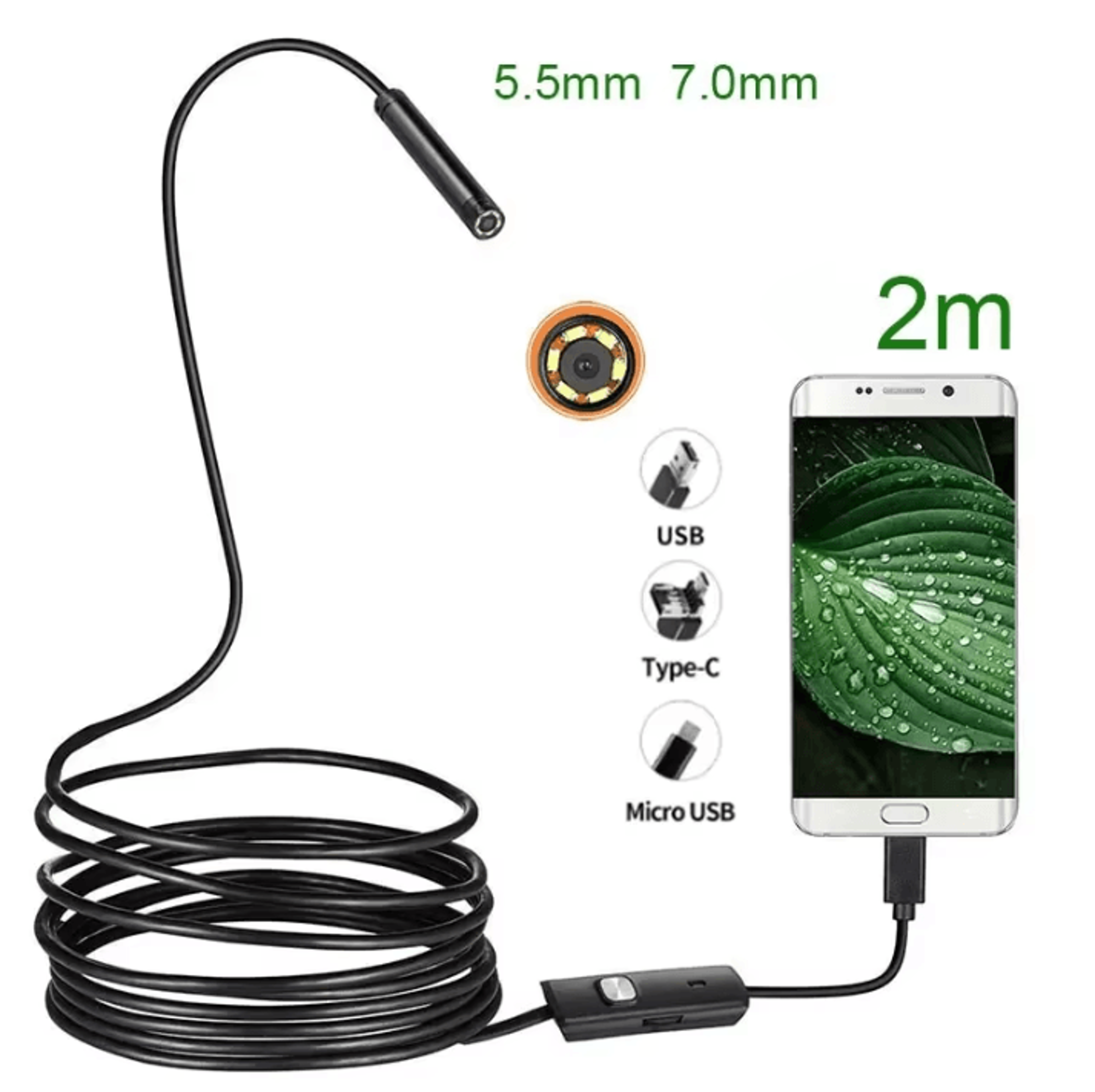55 MM 2M Long 3 In 1 Android Endoscope Inspection Camera With USB Micro USB And TypeC Connectivity 0