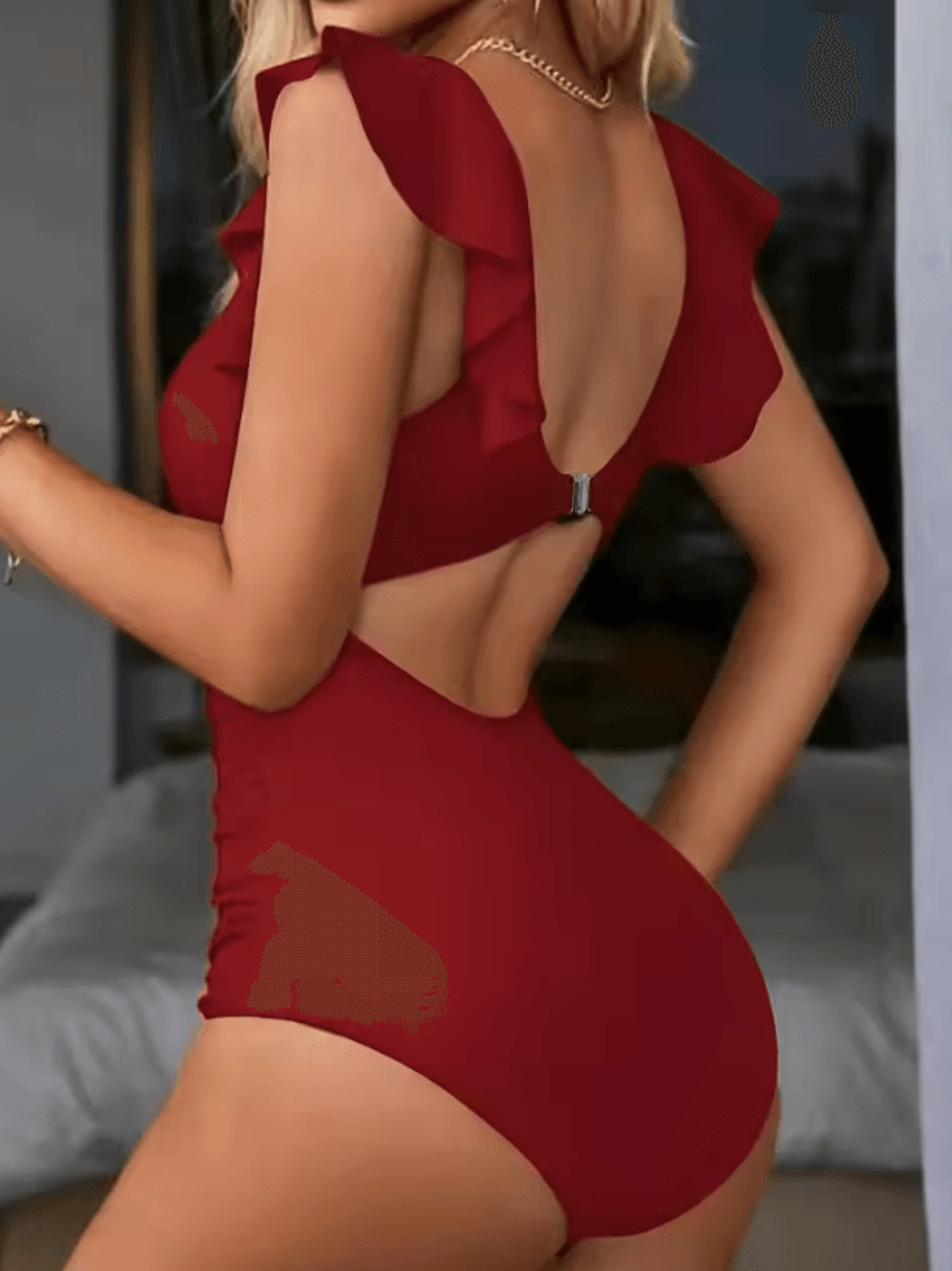 Womens Contrast Mesh One Piece Swimsuit  VNeck Backless Tummy Control High Cut Swimwear 2