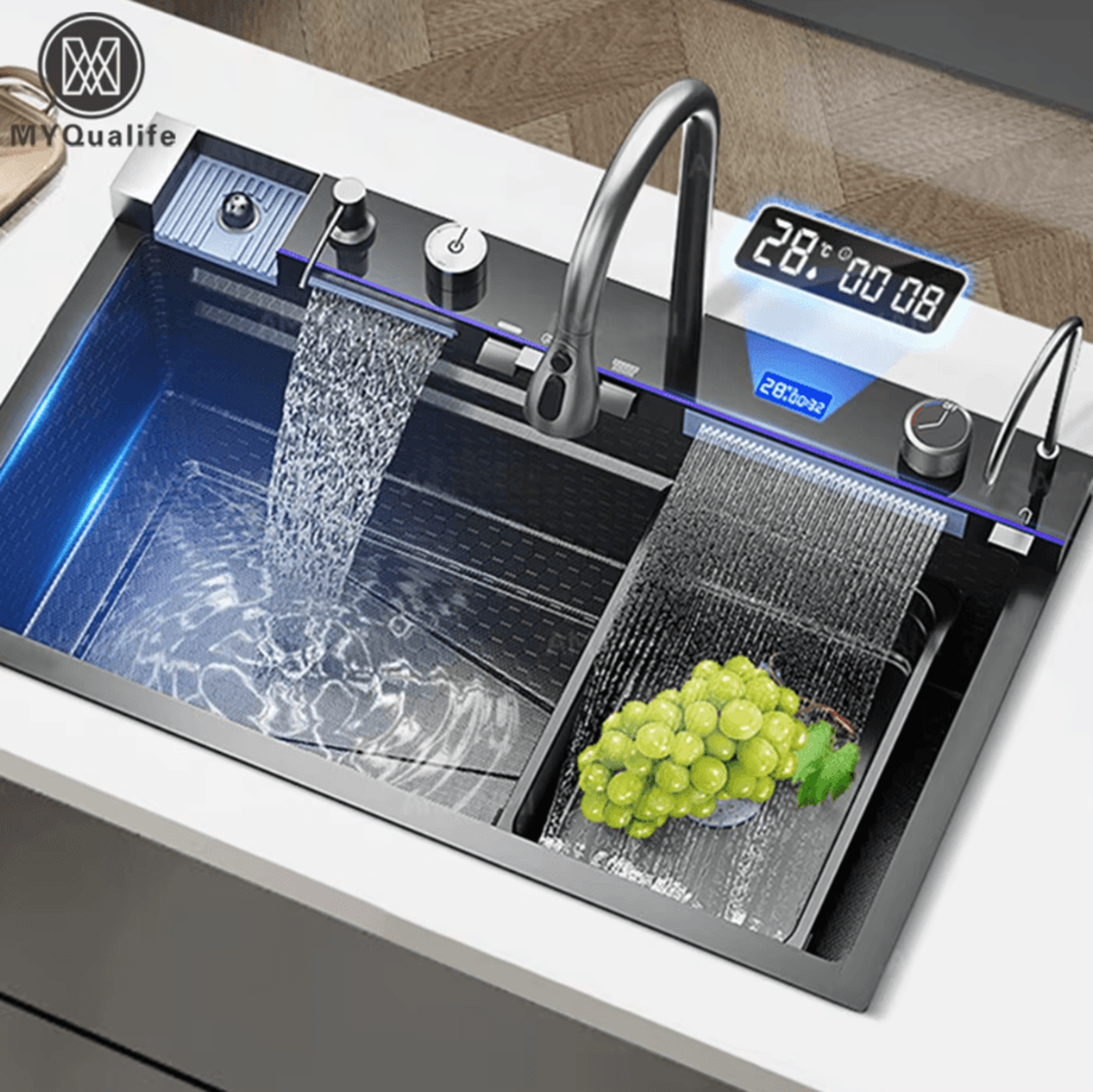 304 Stainless Steel Waterfall Kitchen Sink  Large Single Basin With Digital Display Faucet And Soap 0