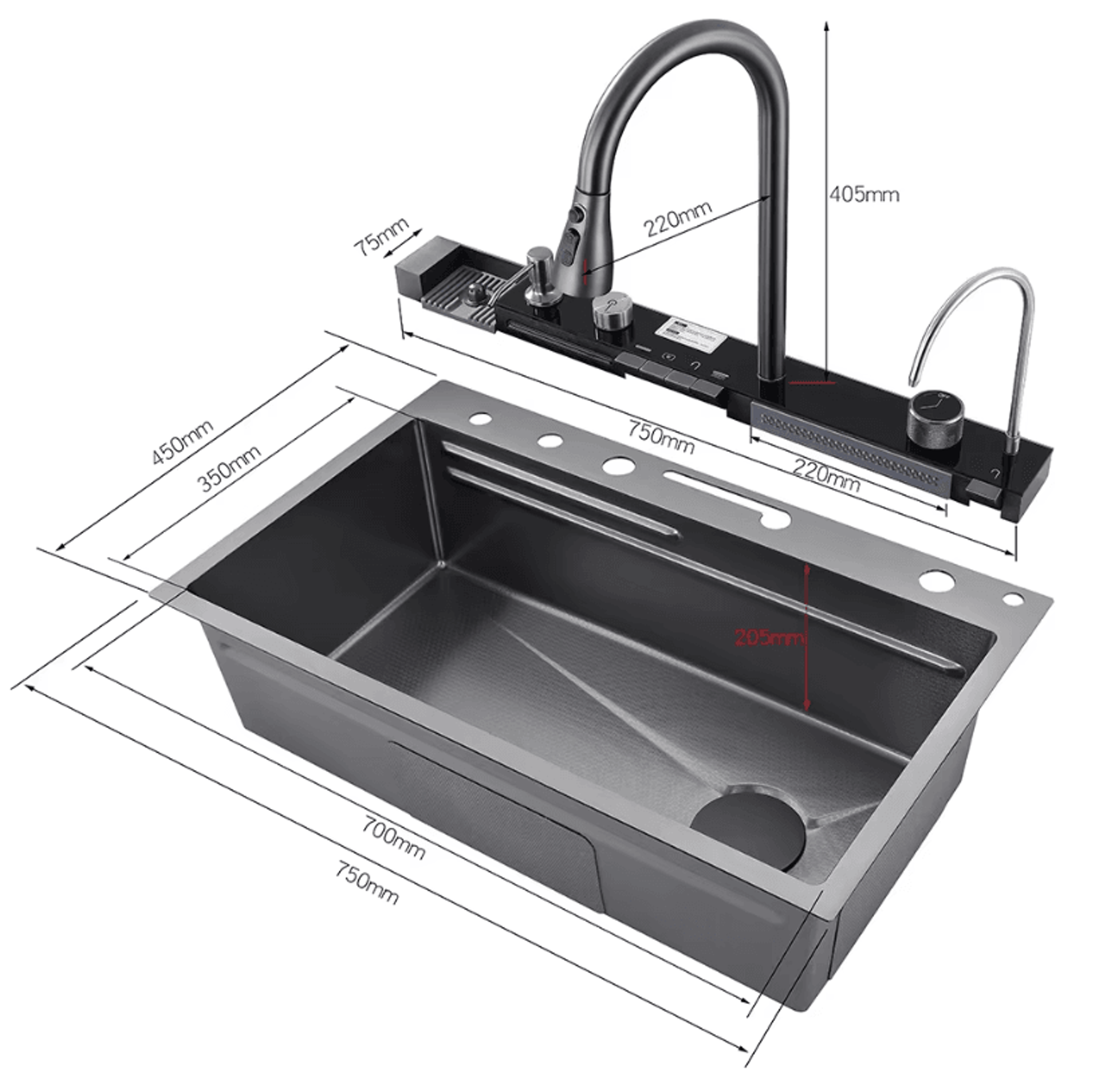 304 Stainless Steel Waterfall Kitchen Sink  Large Single Basin With Digital Display Faucet And Soap 5