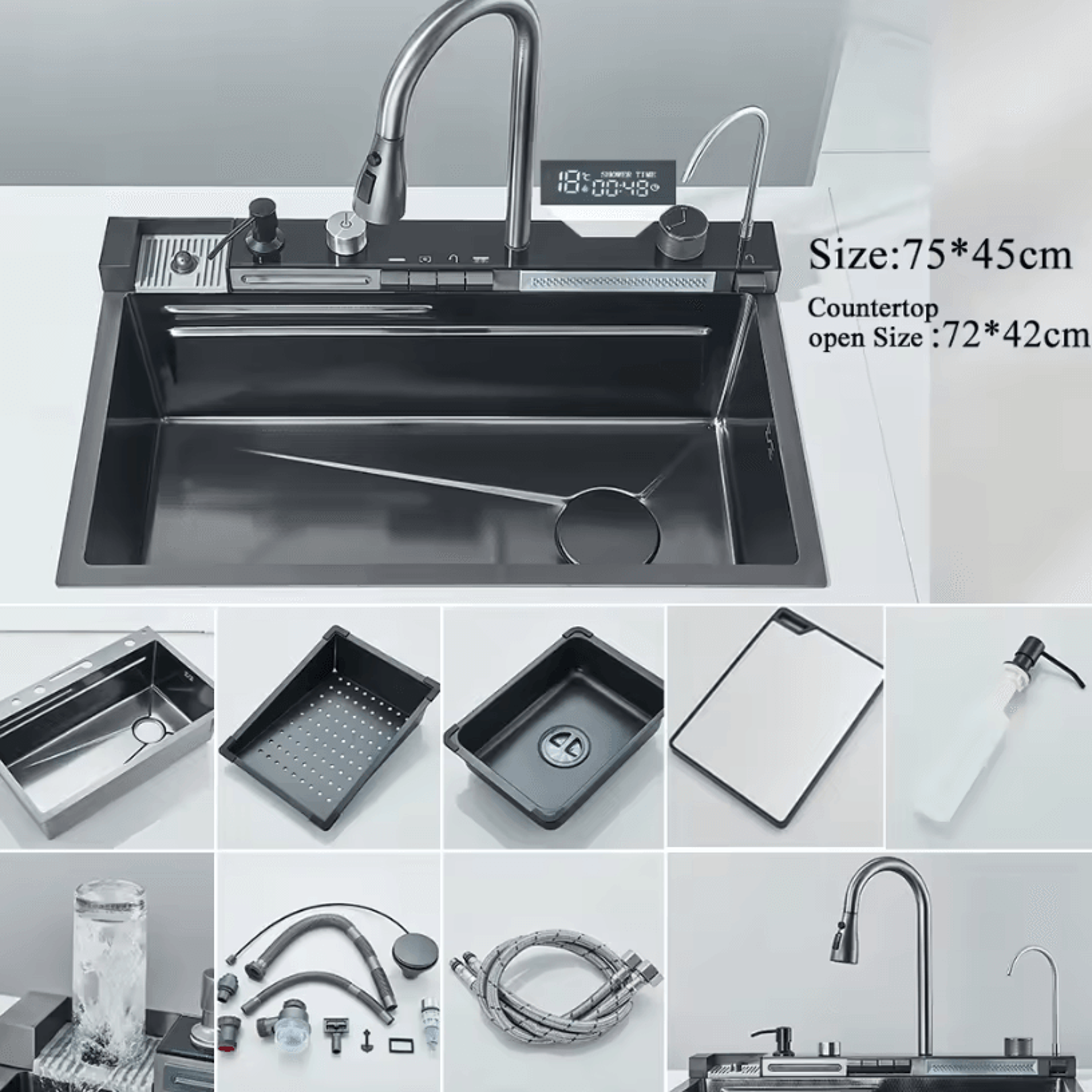 304 Stainless Steel Waterfall Kitchen Sink  Large Single Basin With Digital Display Faucet And Soap 7