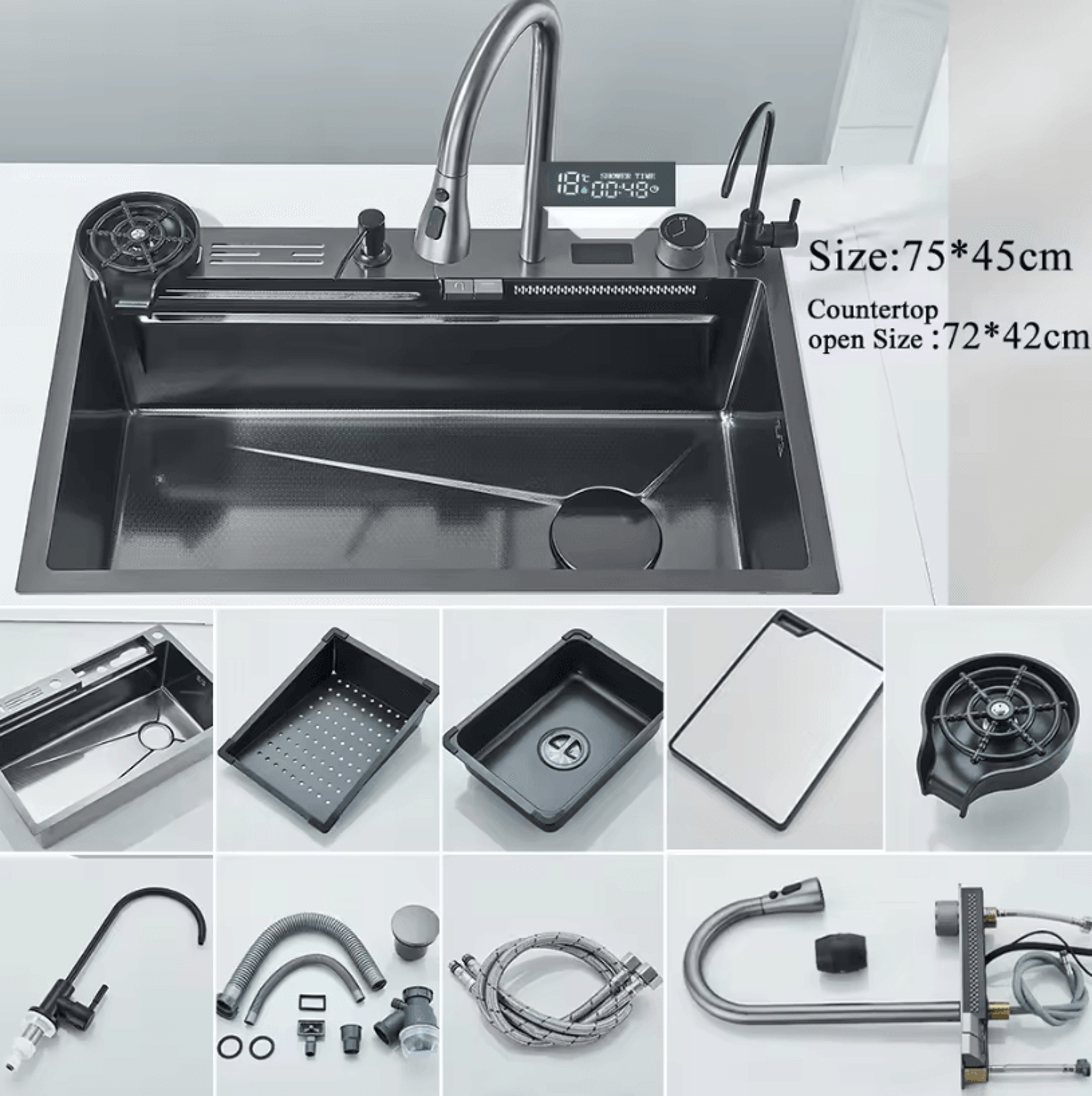 304 Stainless Steel Waterfall Kitchen Sink  Large Single Basin With Digital Display Faucet And Soap 9
