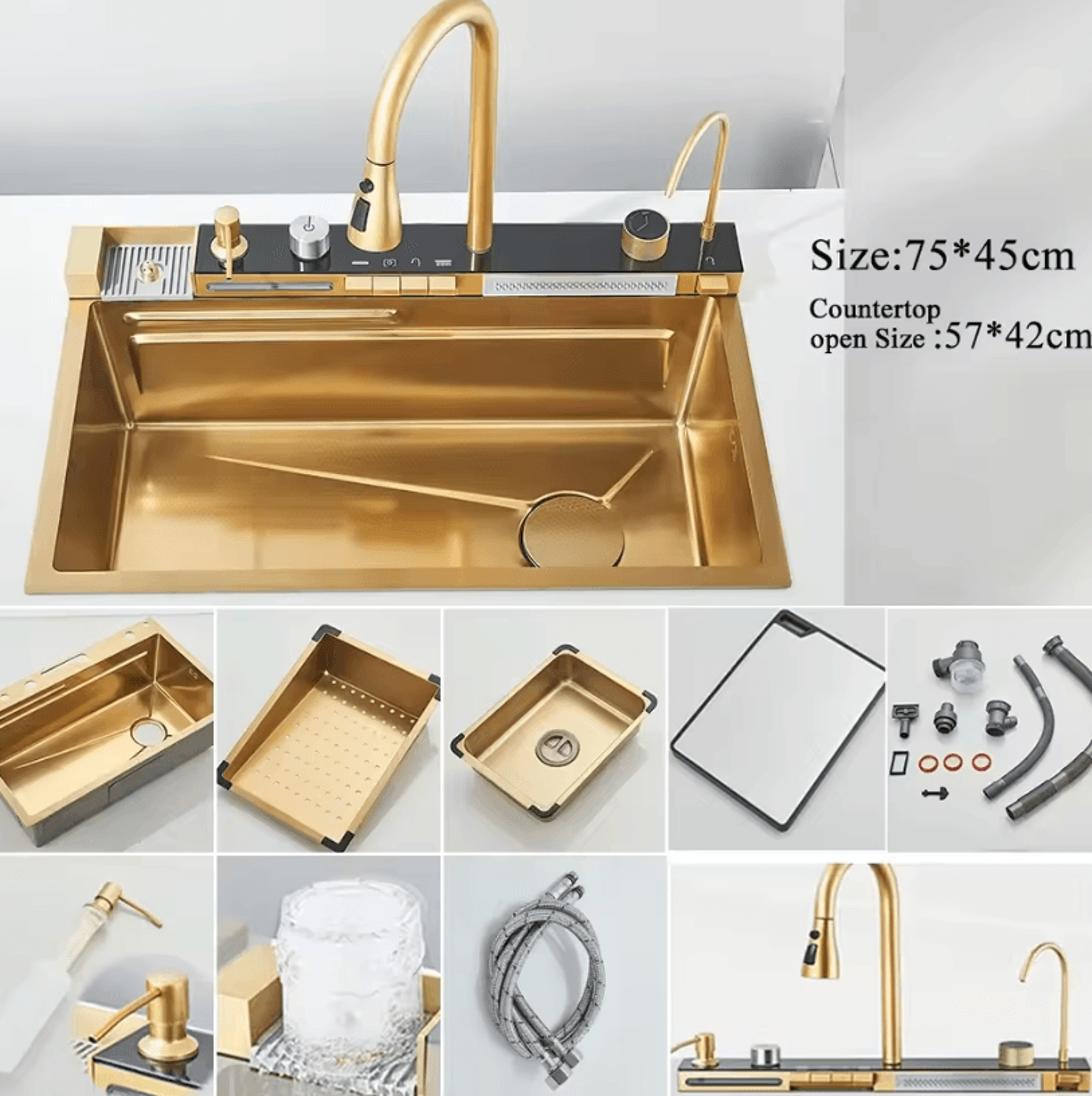 304 Stainless Steel Waterfall Kitchen Sink  Large Single Basin With Digital Display Faucet And Soap 12