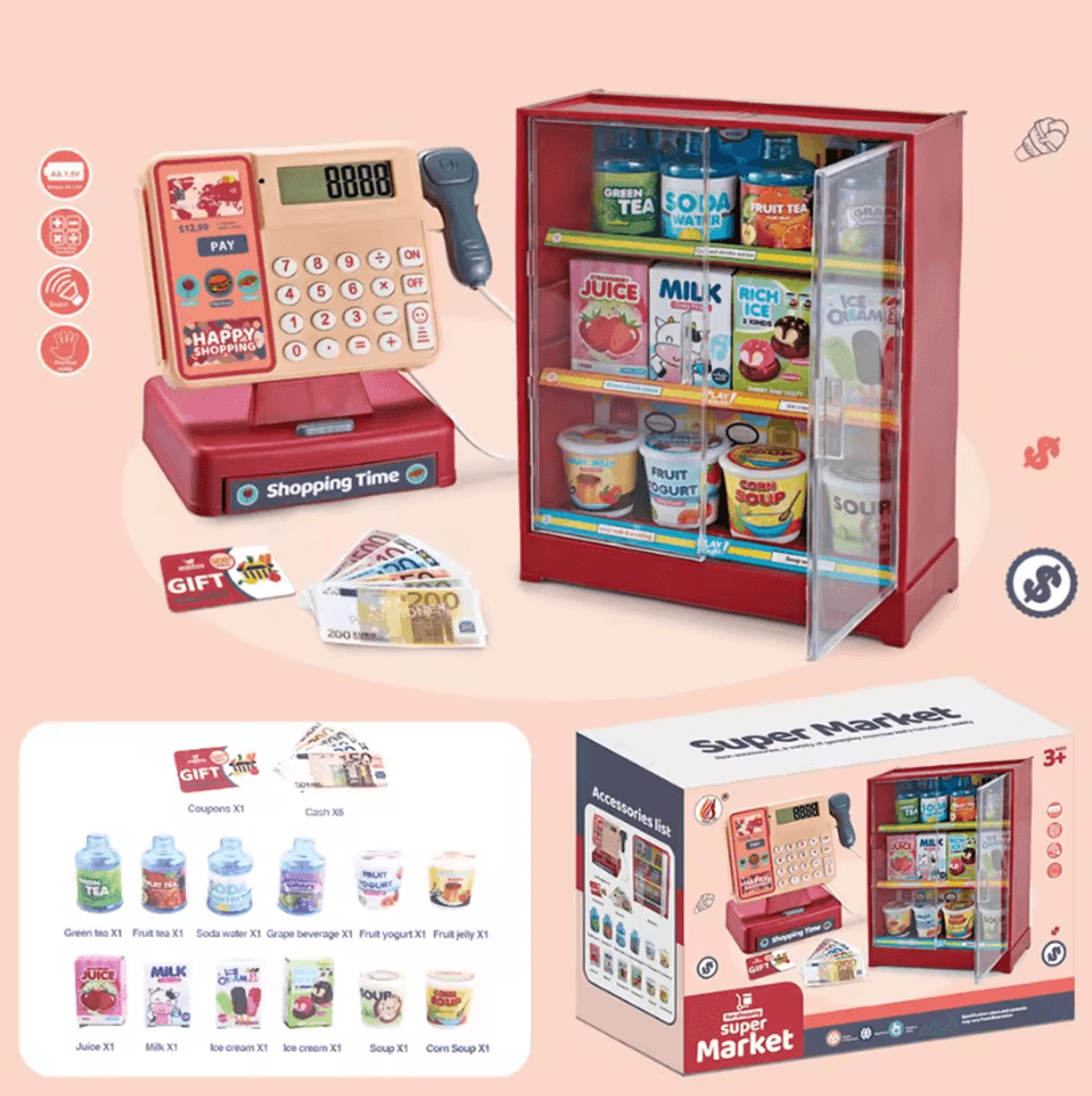Kids Supermarket Play Set  Scanning Cash Register With Coins Bills Sound  Lights 7