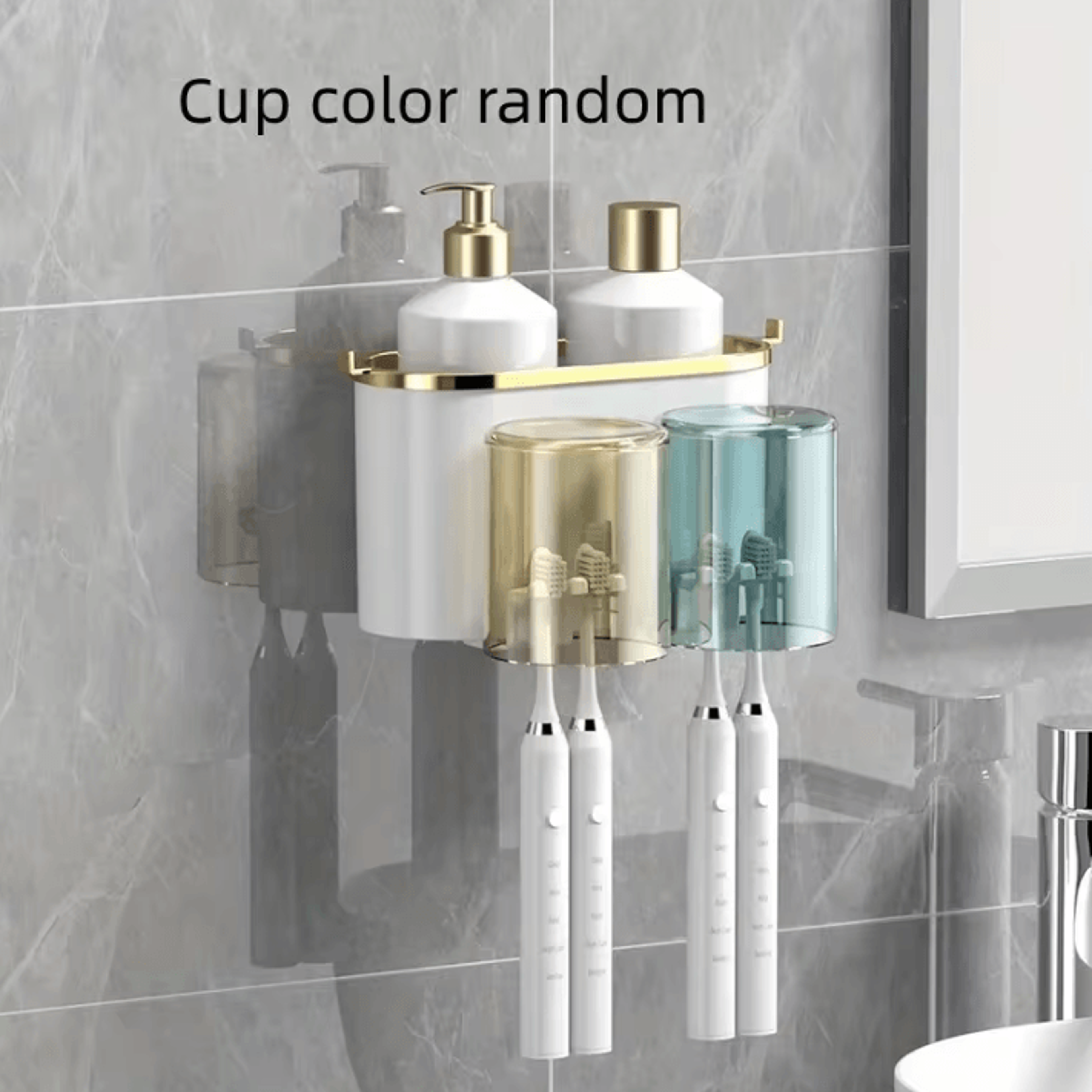 Toothbrush Holder With Squeezer  PerforationFree Bathroom Shelf And Mouthwash Cup Organizer 4