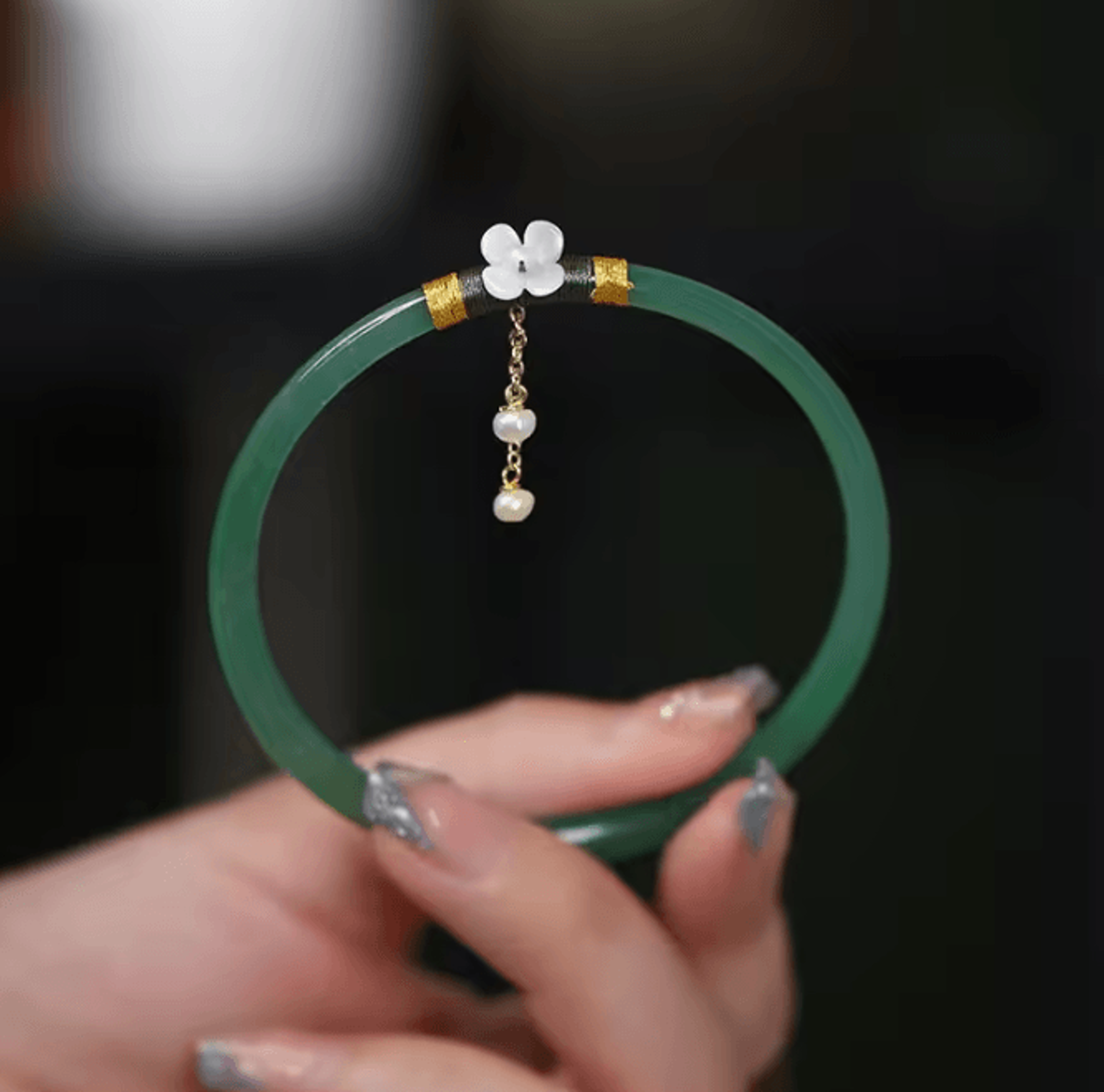 2Piece Natural Jade Bangle Bracelet Set  Chinese Style Womens Charm Wedding Gift Jewelry 0