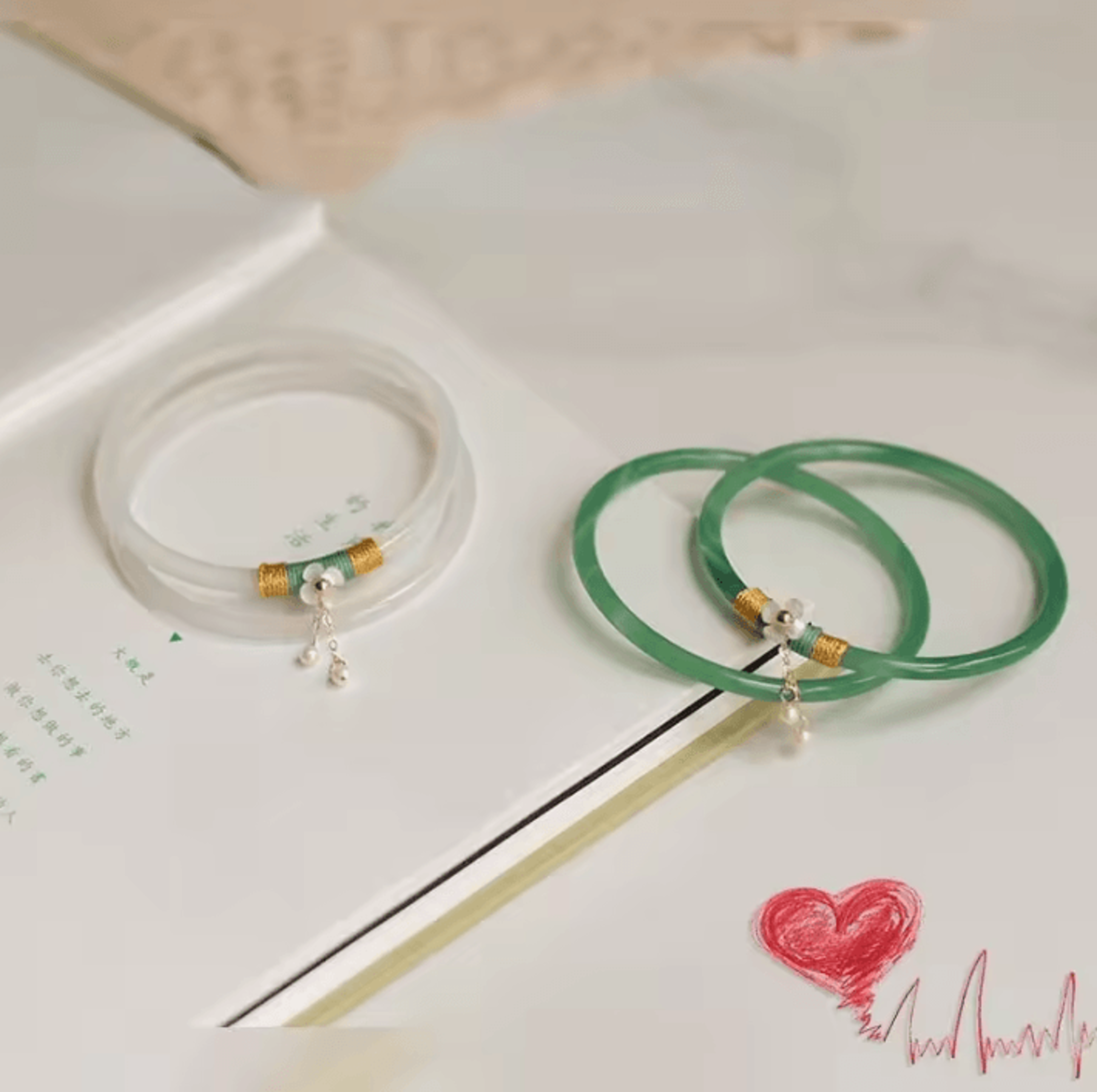 2Piece Natural Jade Bangle Bracelet Set  Chinese Style Womens Charm Wedding Gift Jewelry 5