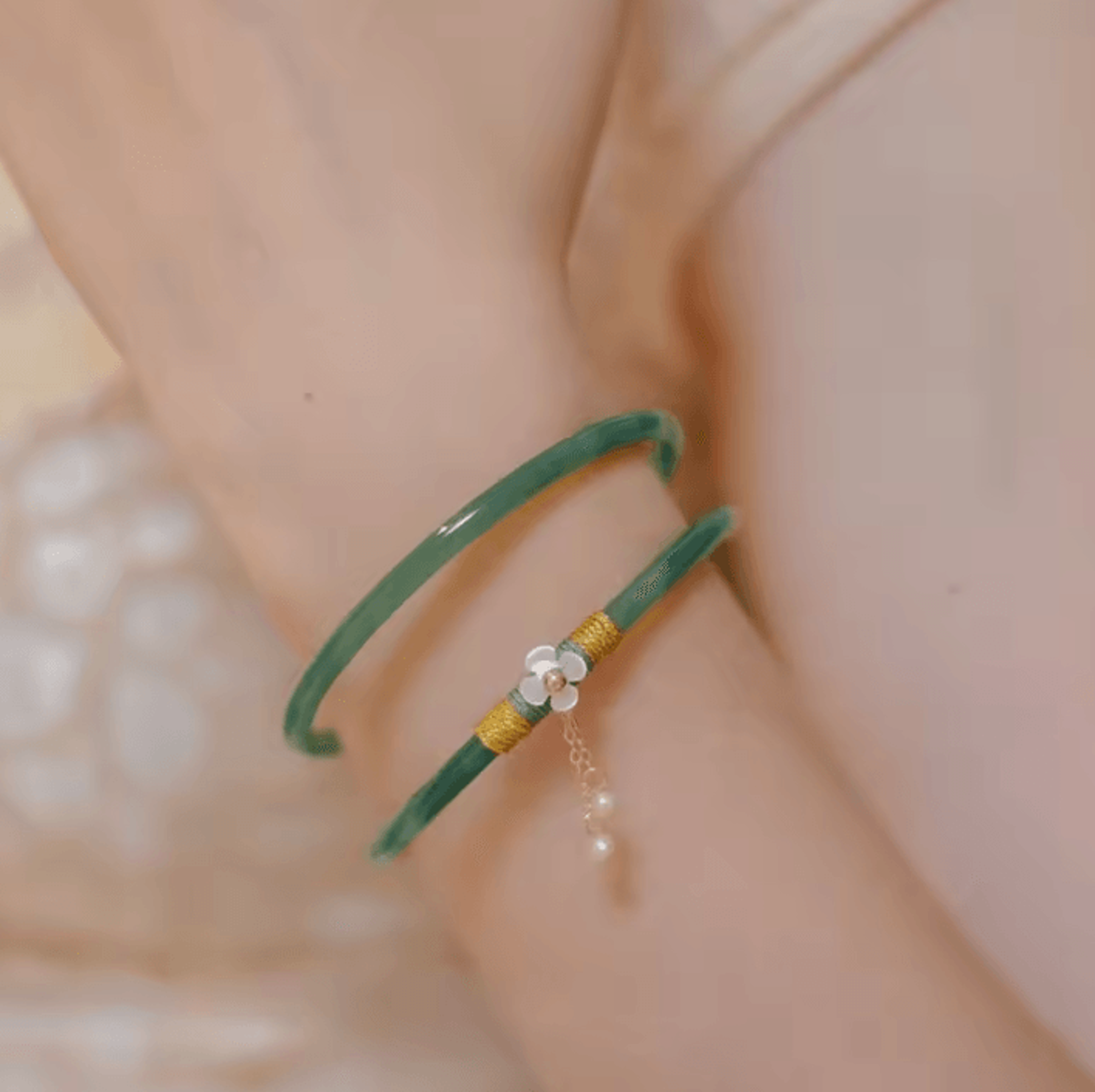 2Piece Natural Jade Bangle Bracelet Set  Chinese Style Womens Charm Wedding Gift Jewelry 7