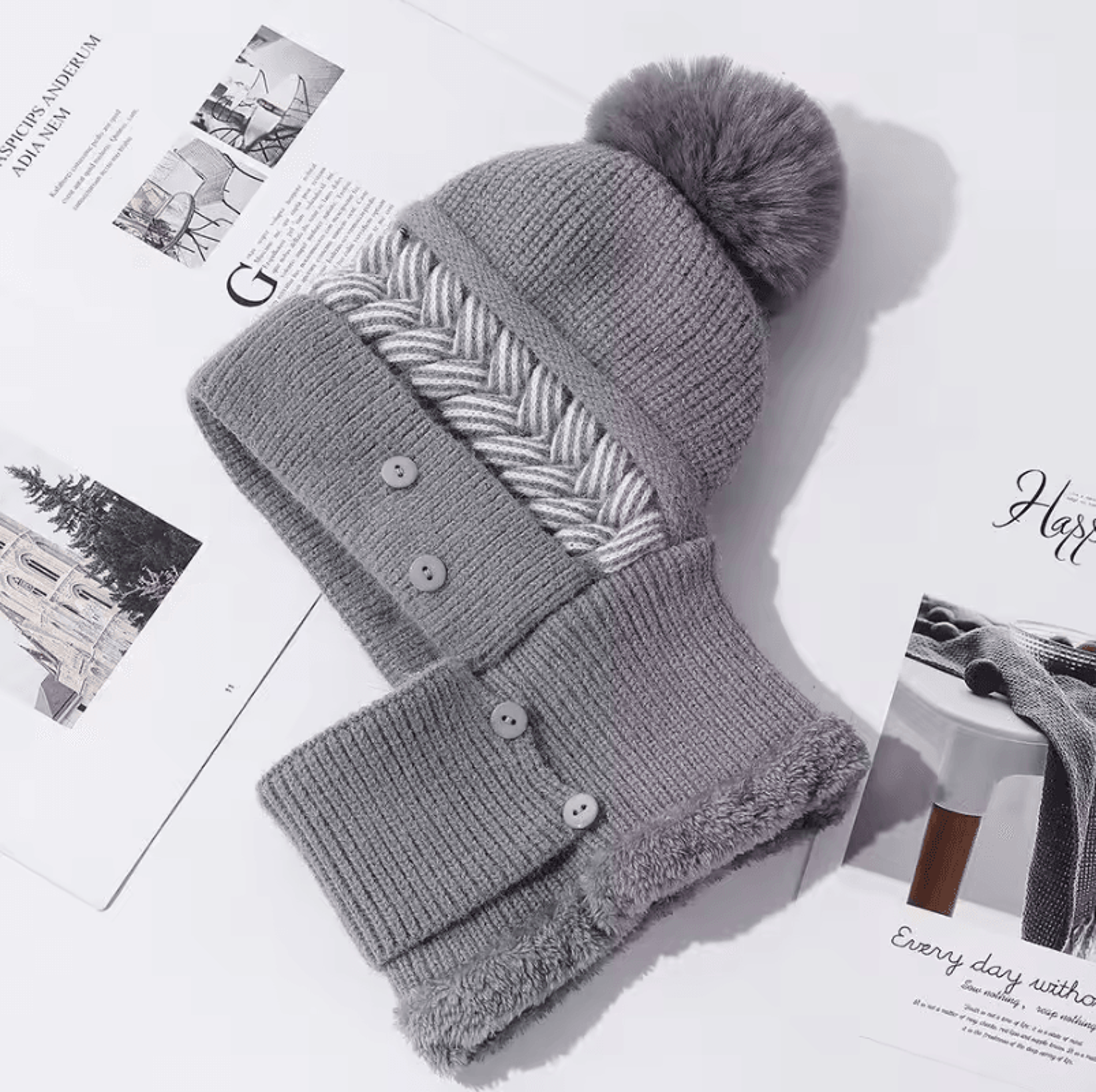 Plush Fur Lined Winter Warm Hat With Balaclava  Cute Pompoms Coldproof Cap For Women 21652283 In 9