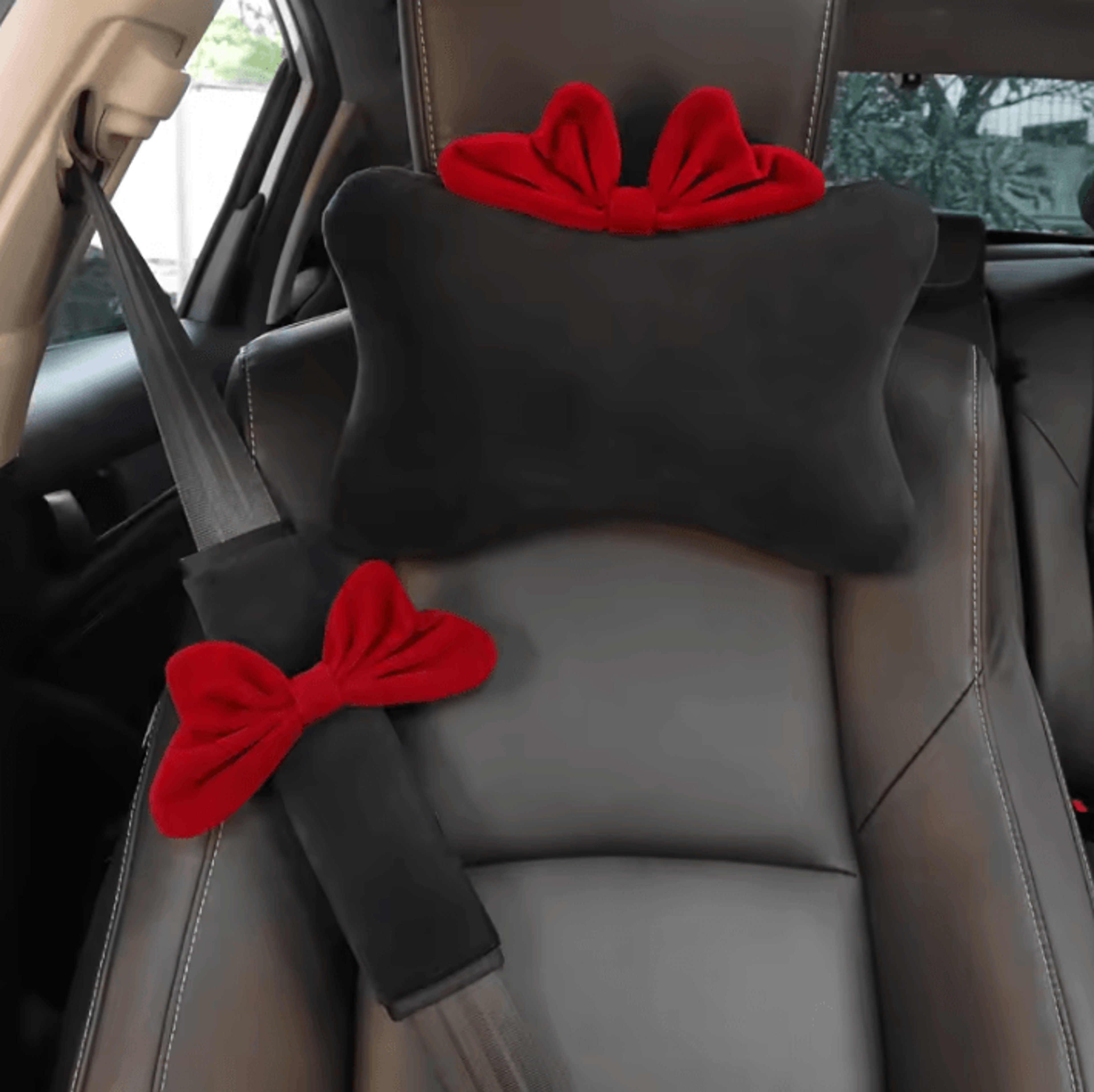 bowride plush car neck pillow – cute red bowknot headrest & seatbelt support cushion for women