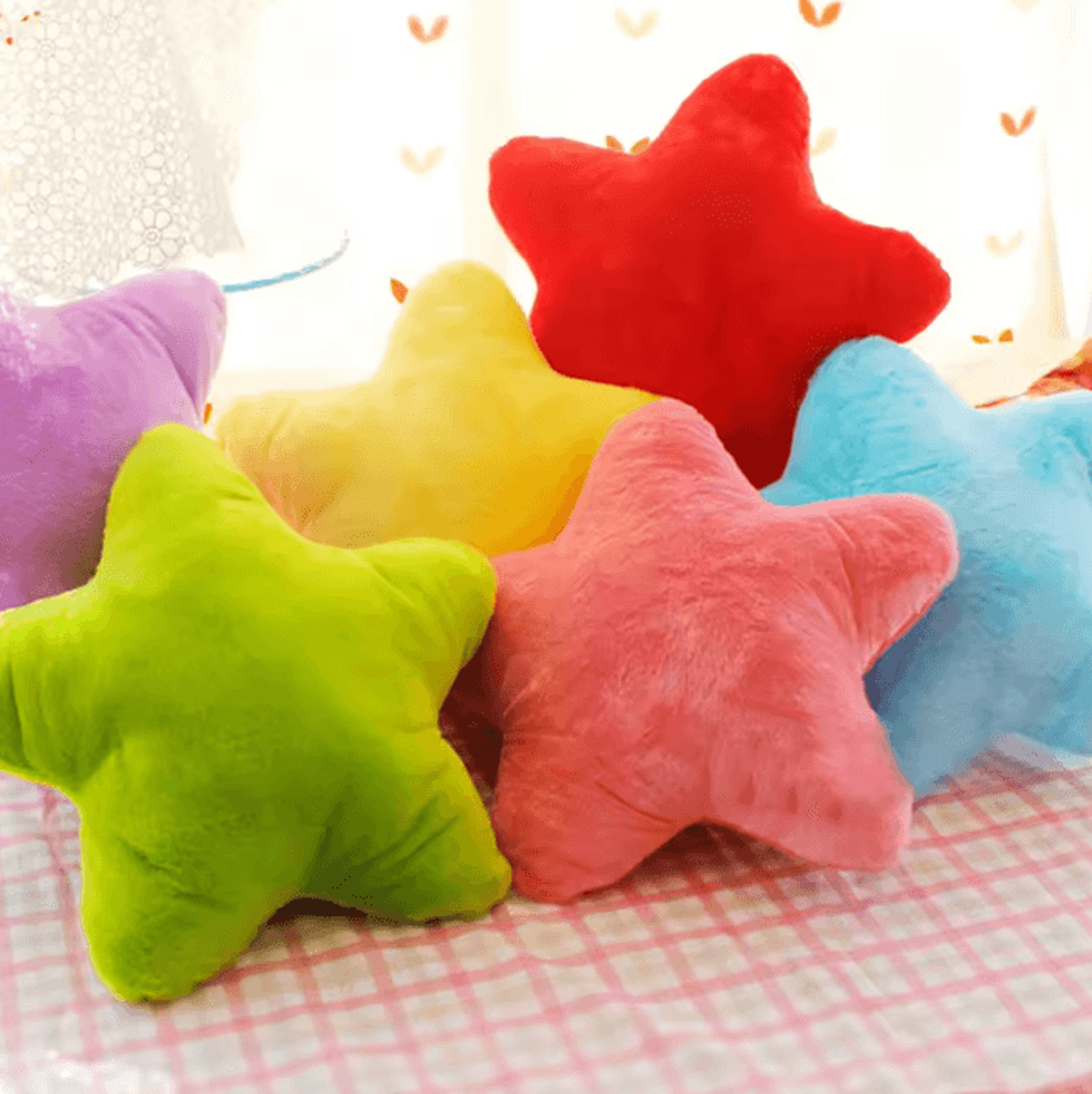 starglow plush five-pointed star pillow(15.7 inches) – soft yellow, pink & red decorative cushion for sofa & bedroom