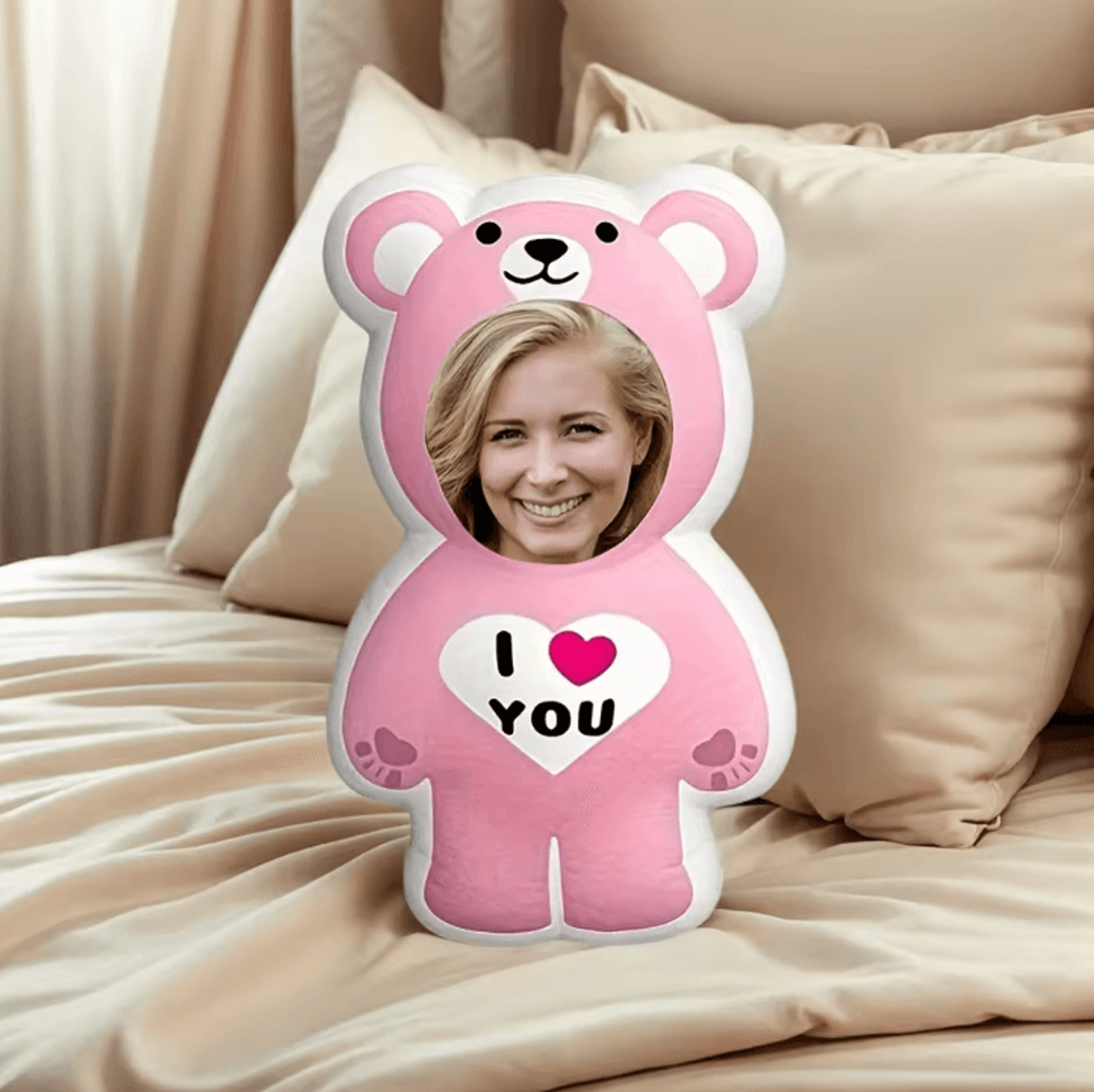 bearcharm custom double-sided printed cushion – pink bear portrait pillow gift for valentines