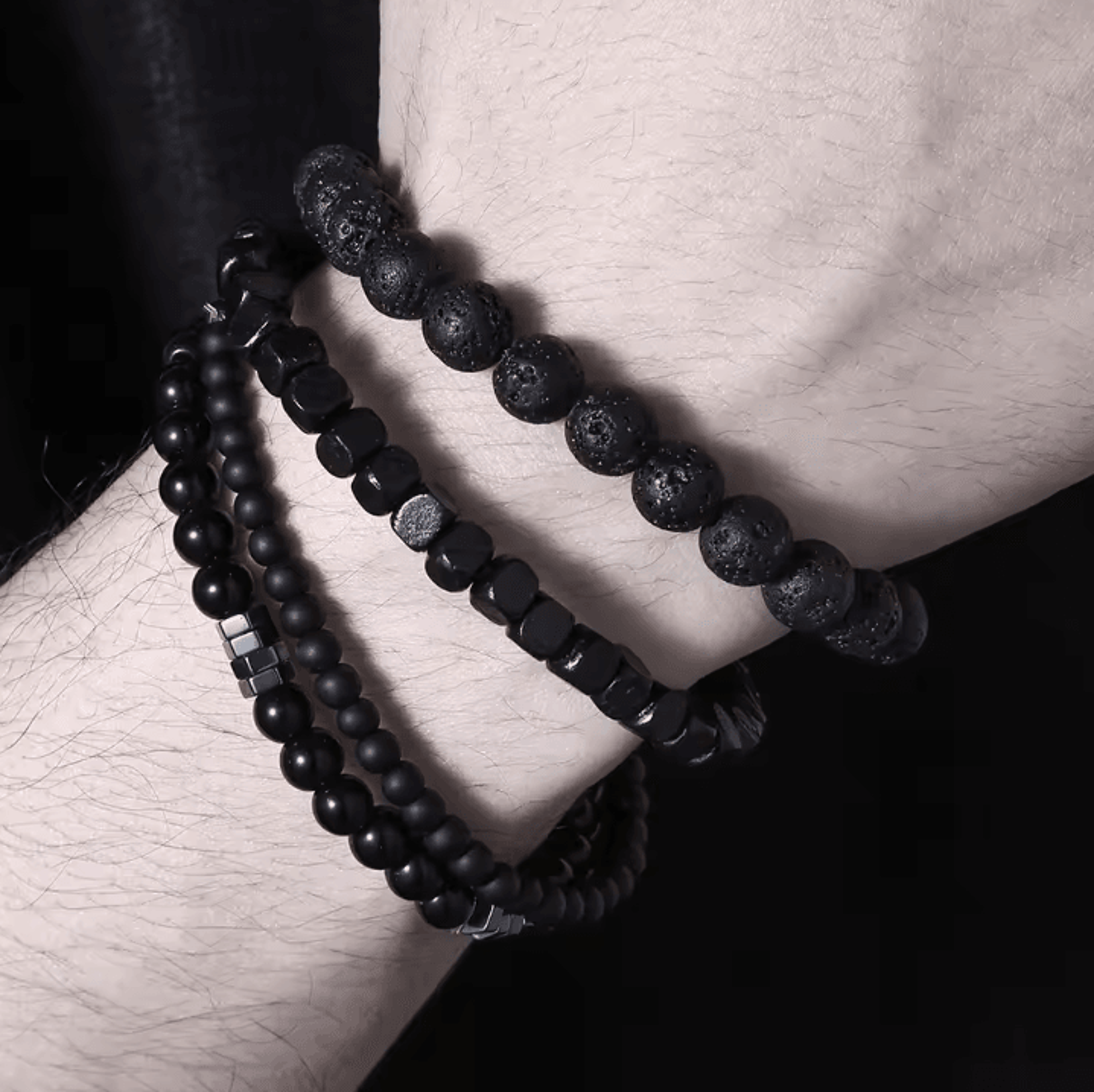 LavaEdge 4Piece Volcanic Stone Bracelet Set  Black Lava Rock  Wood Beads Elastic Jewelry For Men  W 2