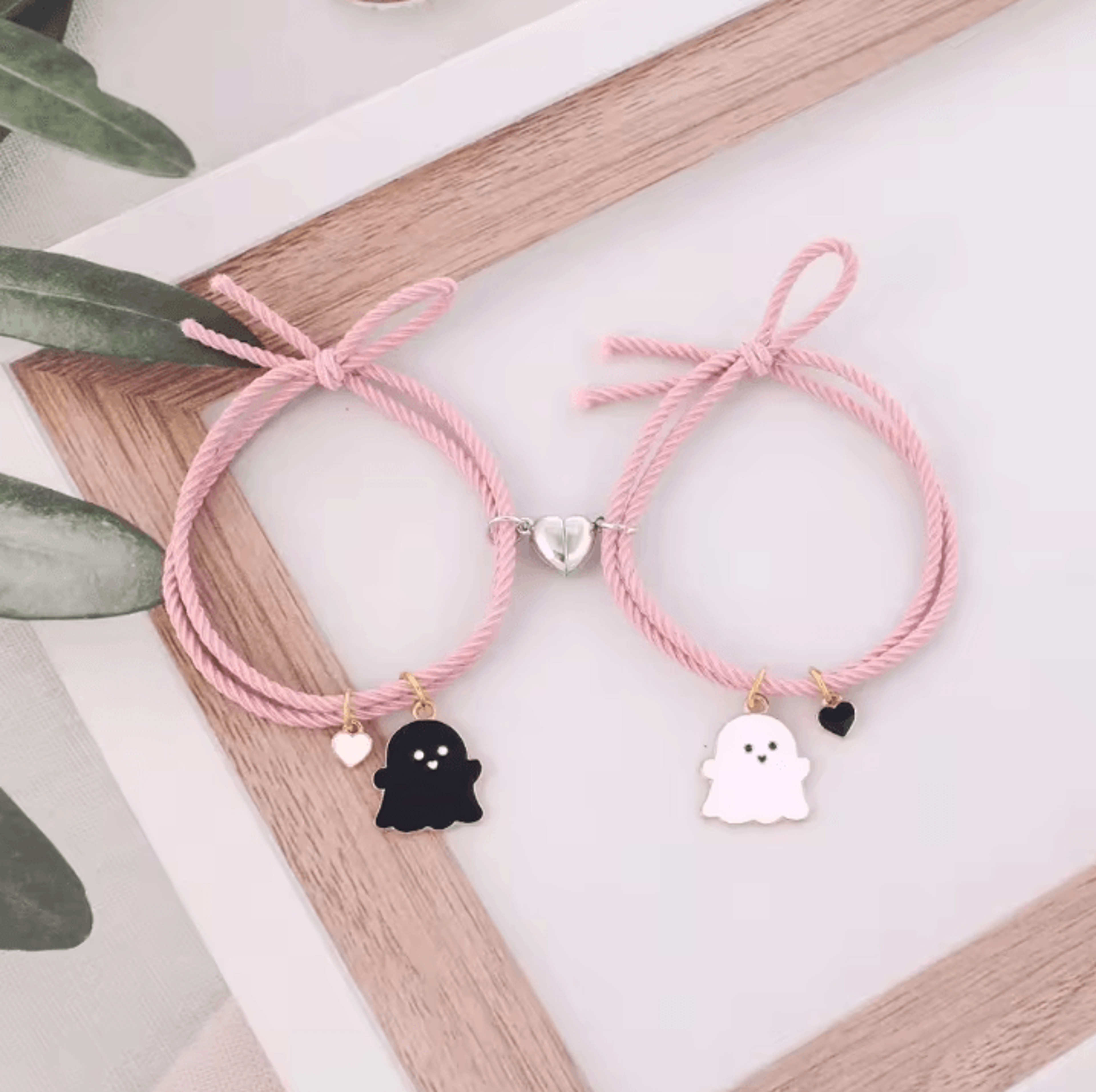SpookLove Halloween Ghost Couple Bracelets Set  Braided Magnetic Heart LongDistance Promise Jewelry 2
