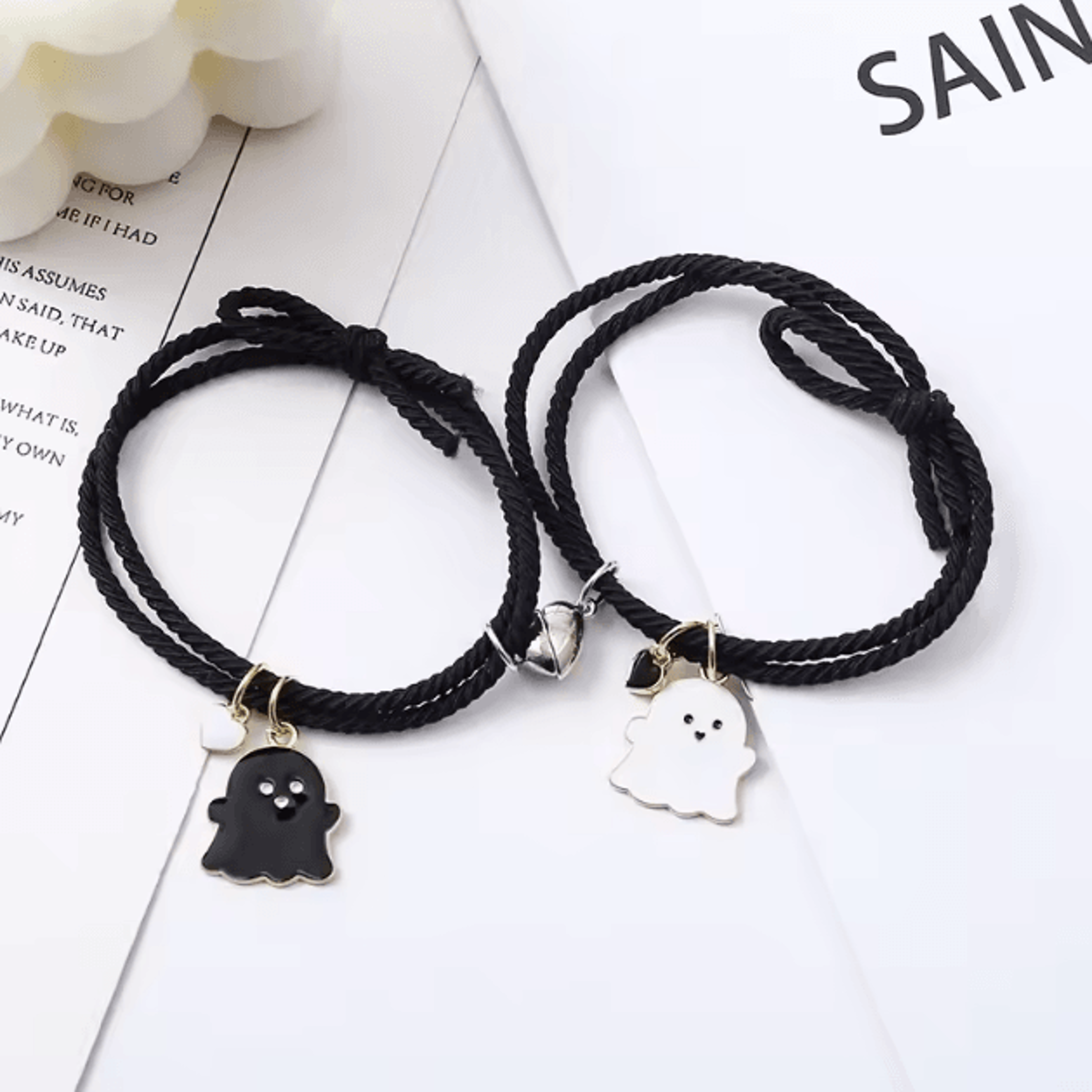 SpookLove Halloween Ghost Couple Bracelets Set  Braided Magnetic Heart LongDistance Promise Jewelry 4