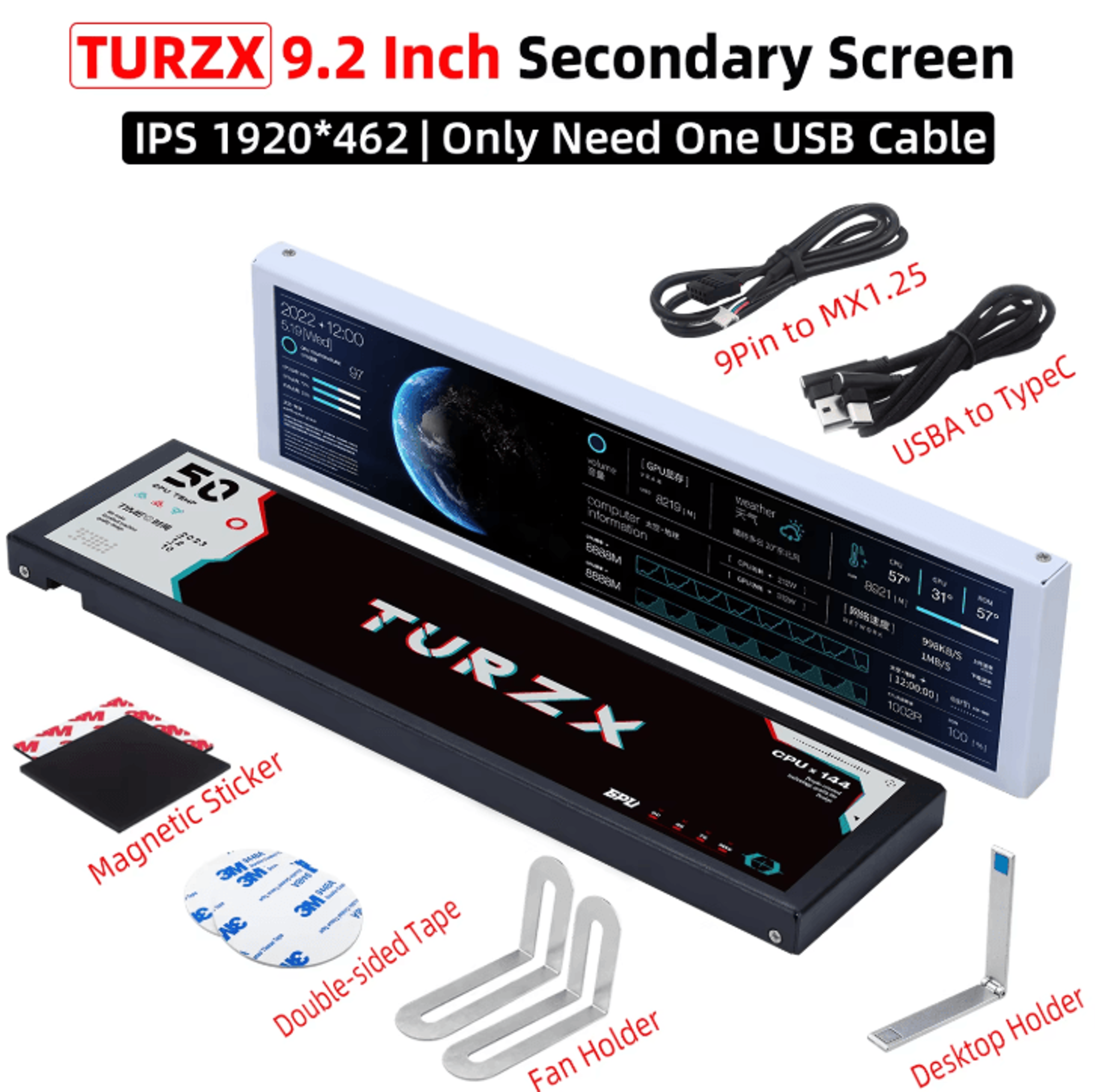 turzx 9.2 inches usb-c secondary monitor – ips lcd sub screen with high-resolution display