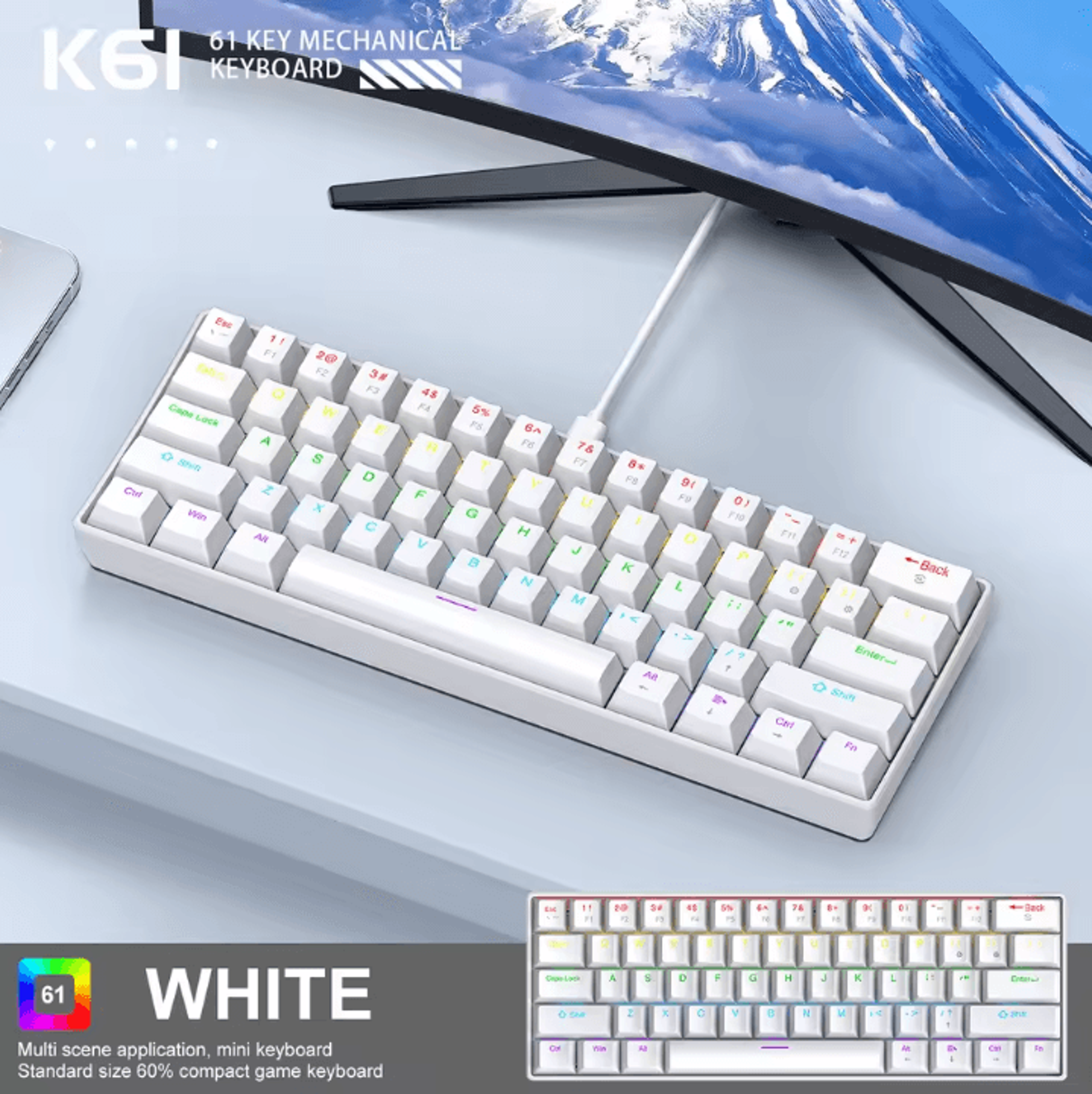 APAYADO K61 Mini Mechanical Keyboard Wired 61 Keys Phantom RGB Portable Gaming Keyboard 7