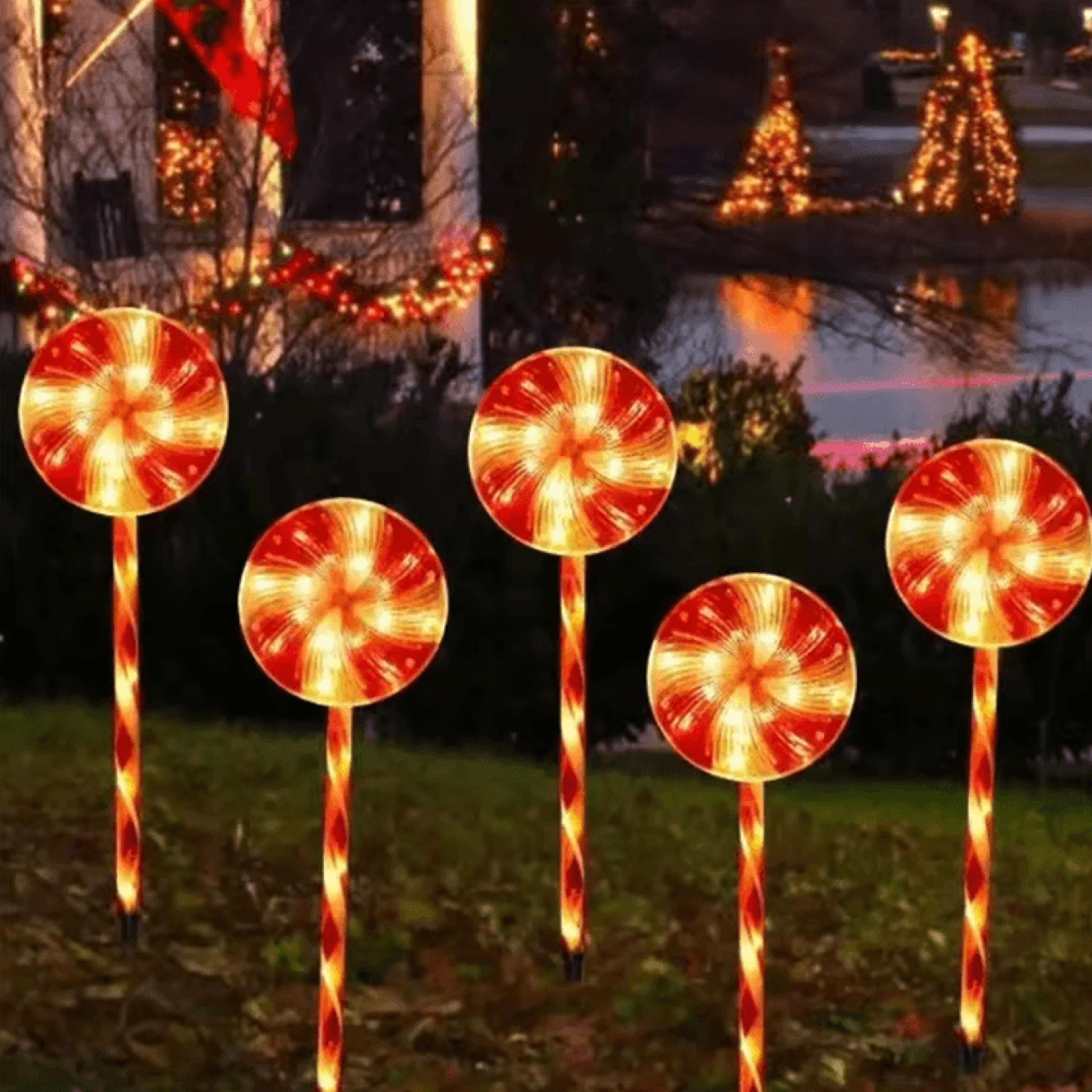 Solar 5Pack Candy Cane Christmas Pathway Lights  Waterproof Outdoor Holiday Stakes 5