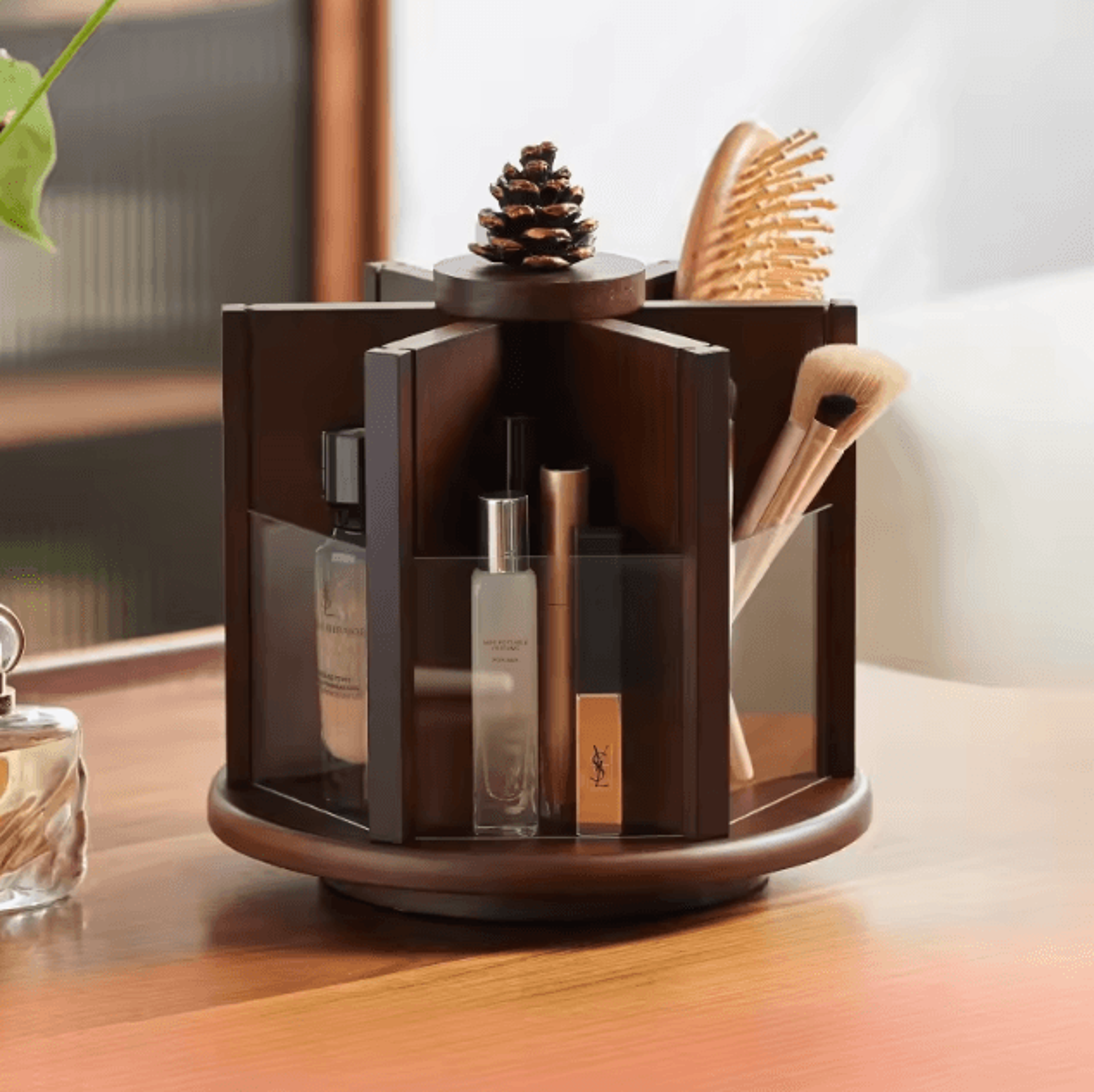 vintage wooden rotating makeup organizer desktop wood cosmetic storage box with drawers for vanity dresser storage
