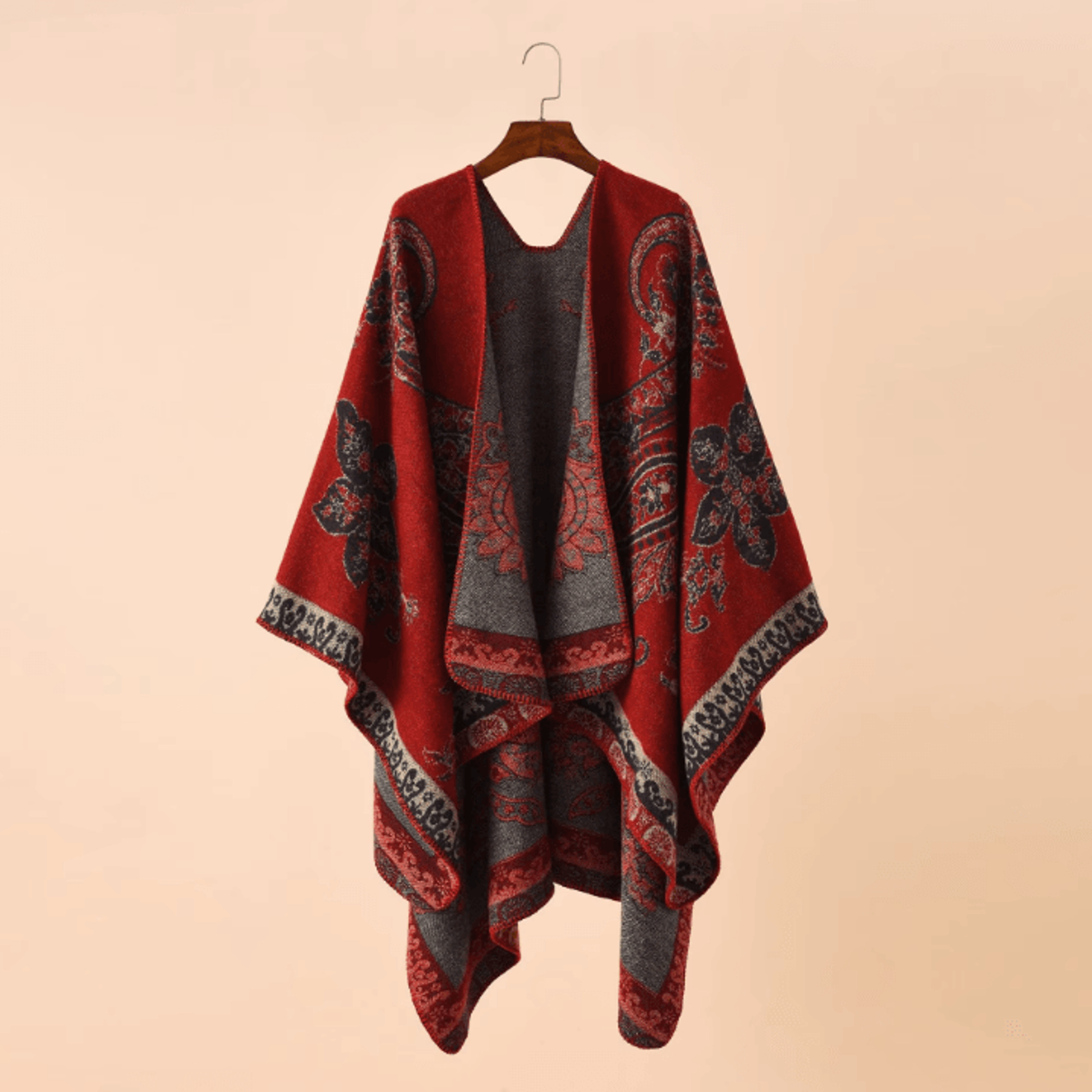 One Size Red Geometric Cashmere Poncho Cape  Warm Womens Shawl Cloak Wrap With Lattice Flower Patte 0
