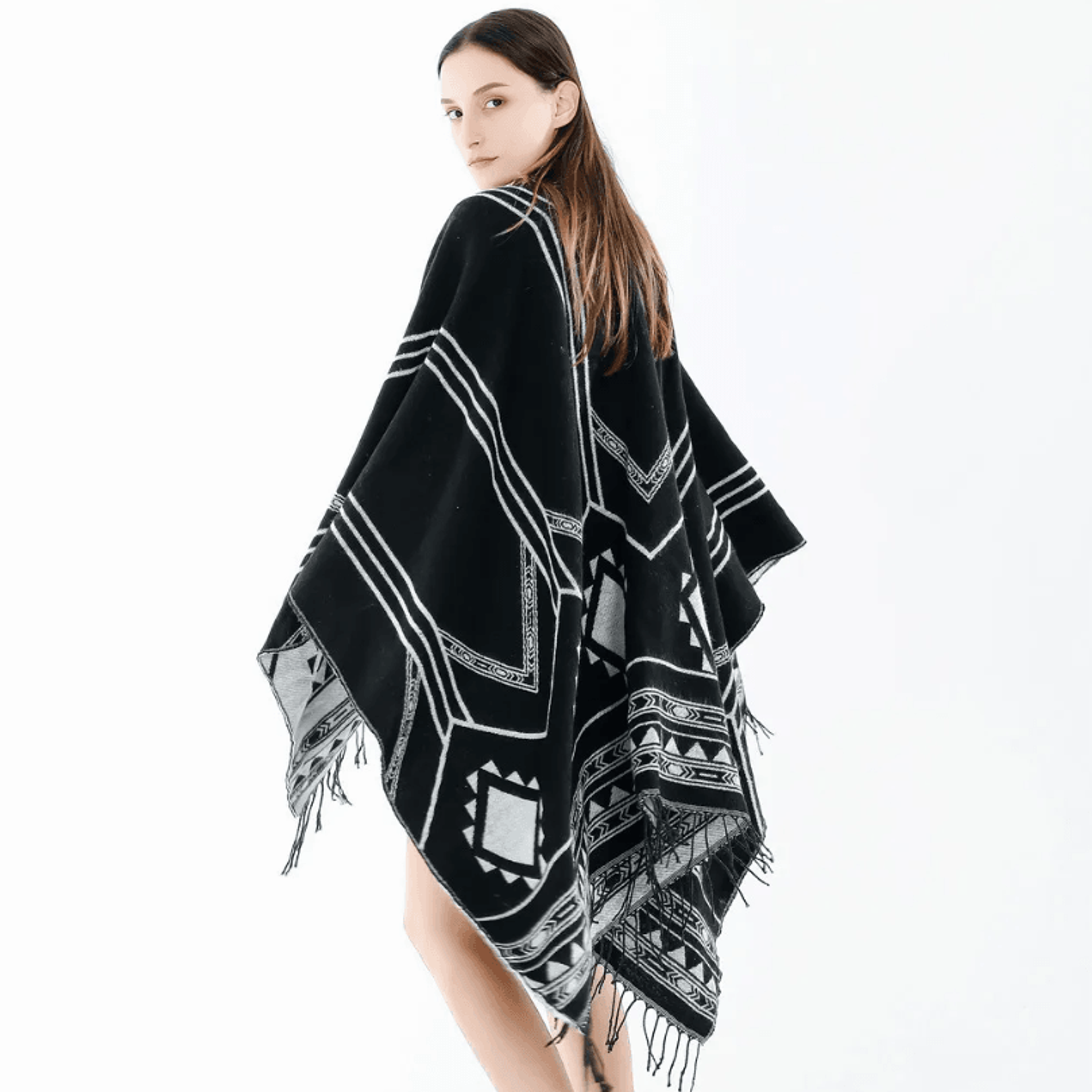 indian nepalese geometric tassel poncho shawl warm women cloak cape wrap