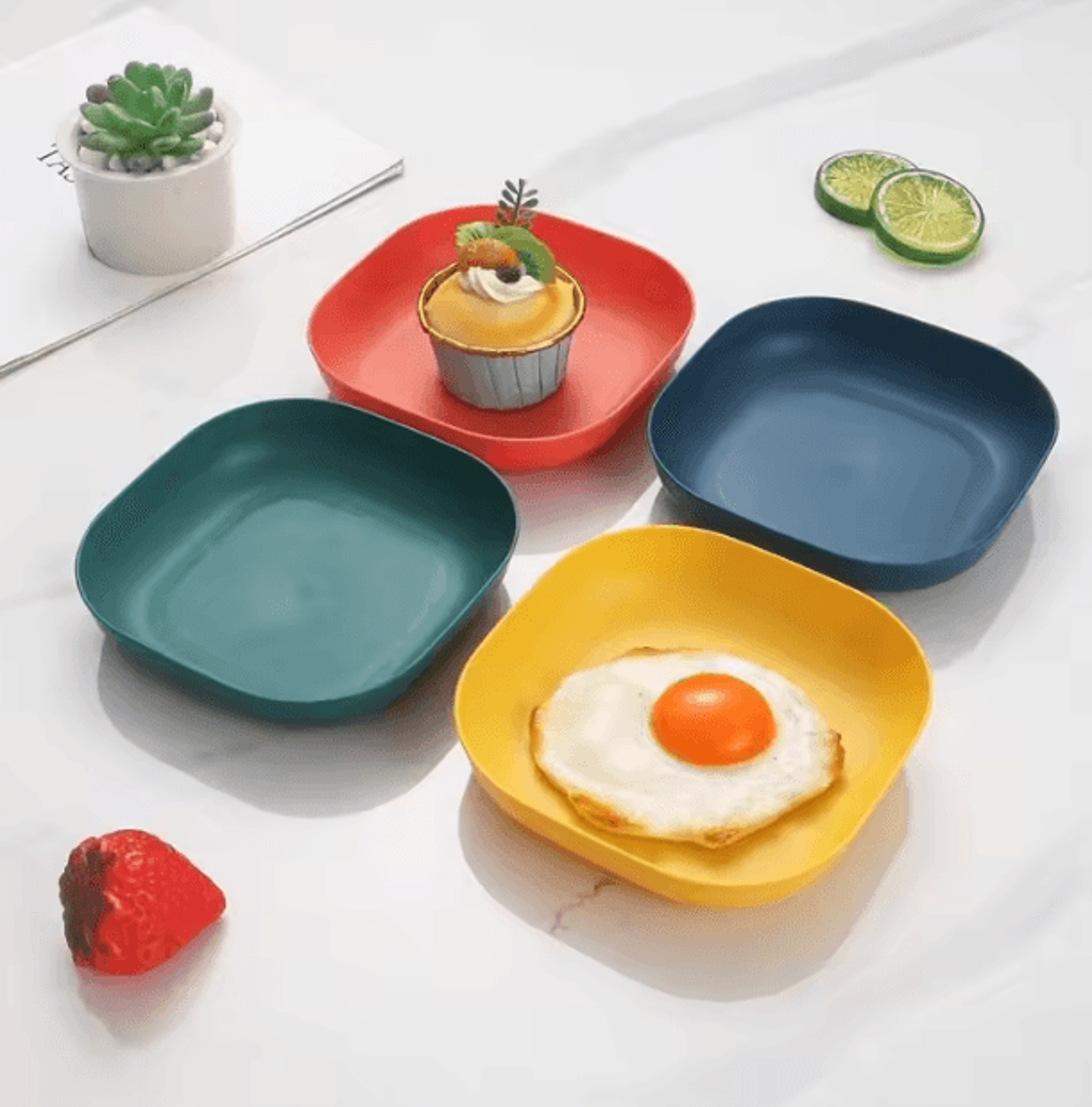4Piece Reusable Plastic Dessert Plates  Durable Square Picnic Plates Microwave  Dishwasher Safe 1