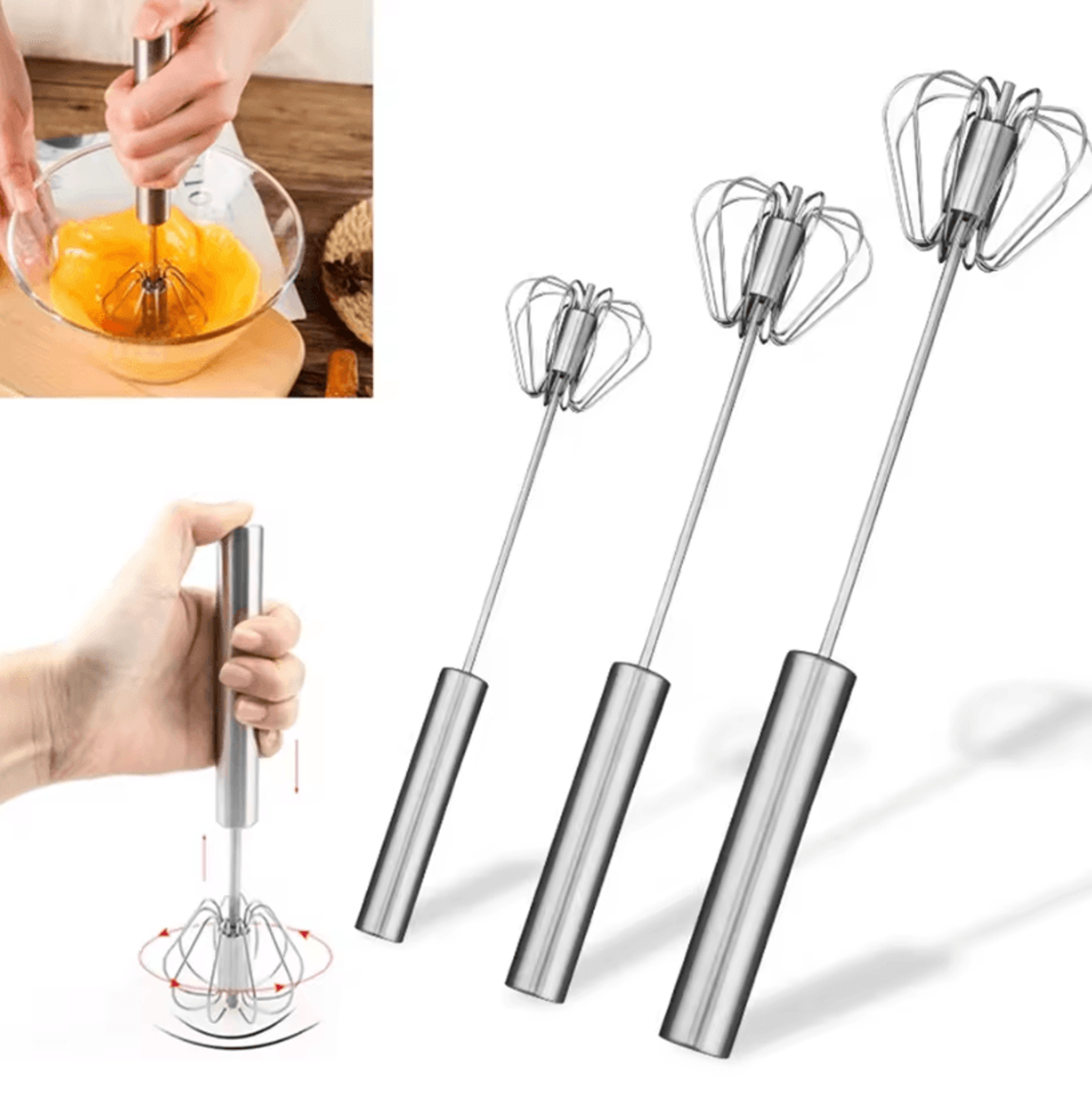 304 Stainless Steel SemiAutomatic Egg Whisk  Push Rotary Manual Hand Mixer 4