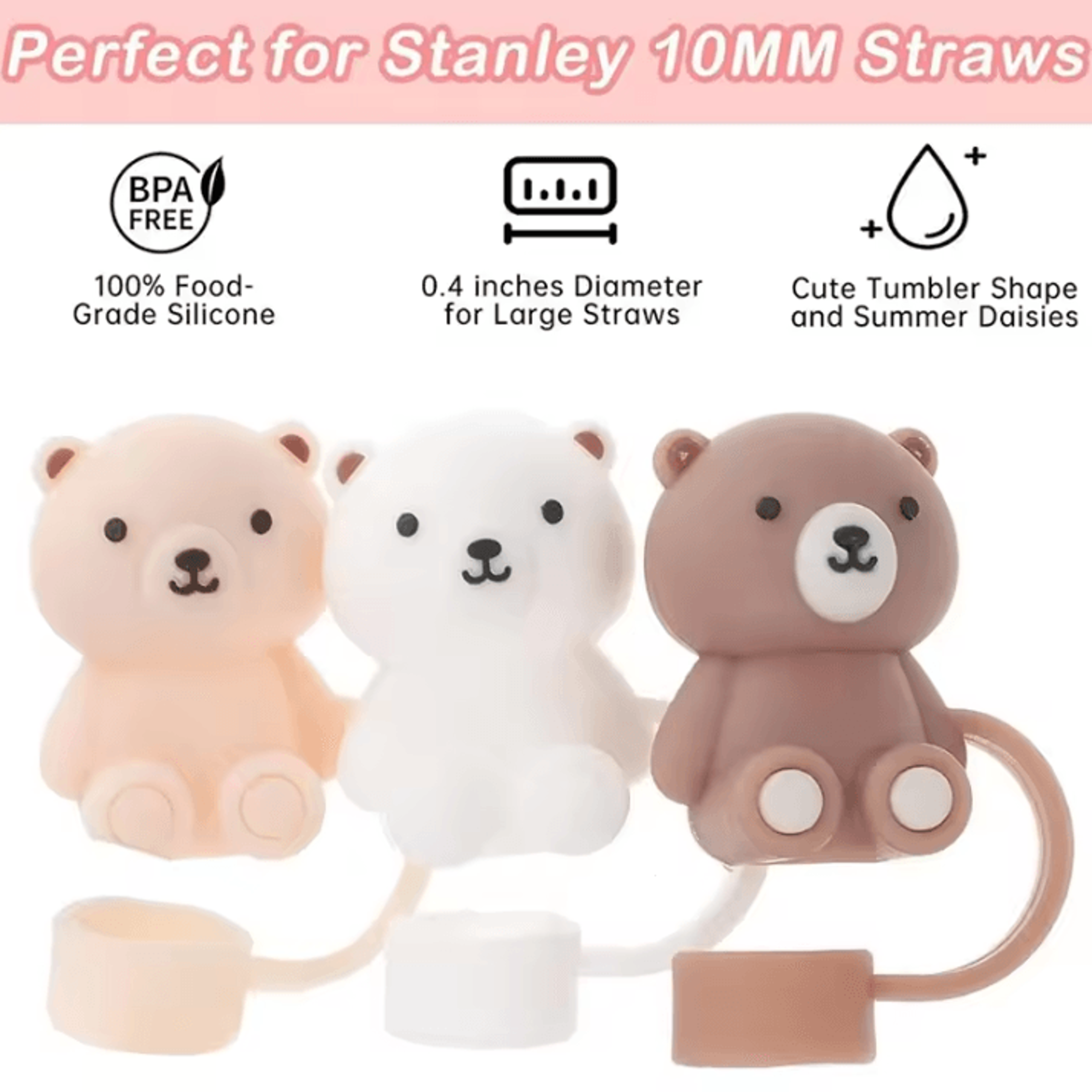 Cute Teddy Bear Silicone Straw Cover For Stanley Cup  10mm Reusable DustProof Straw Topper 1