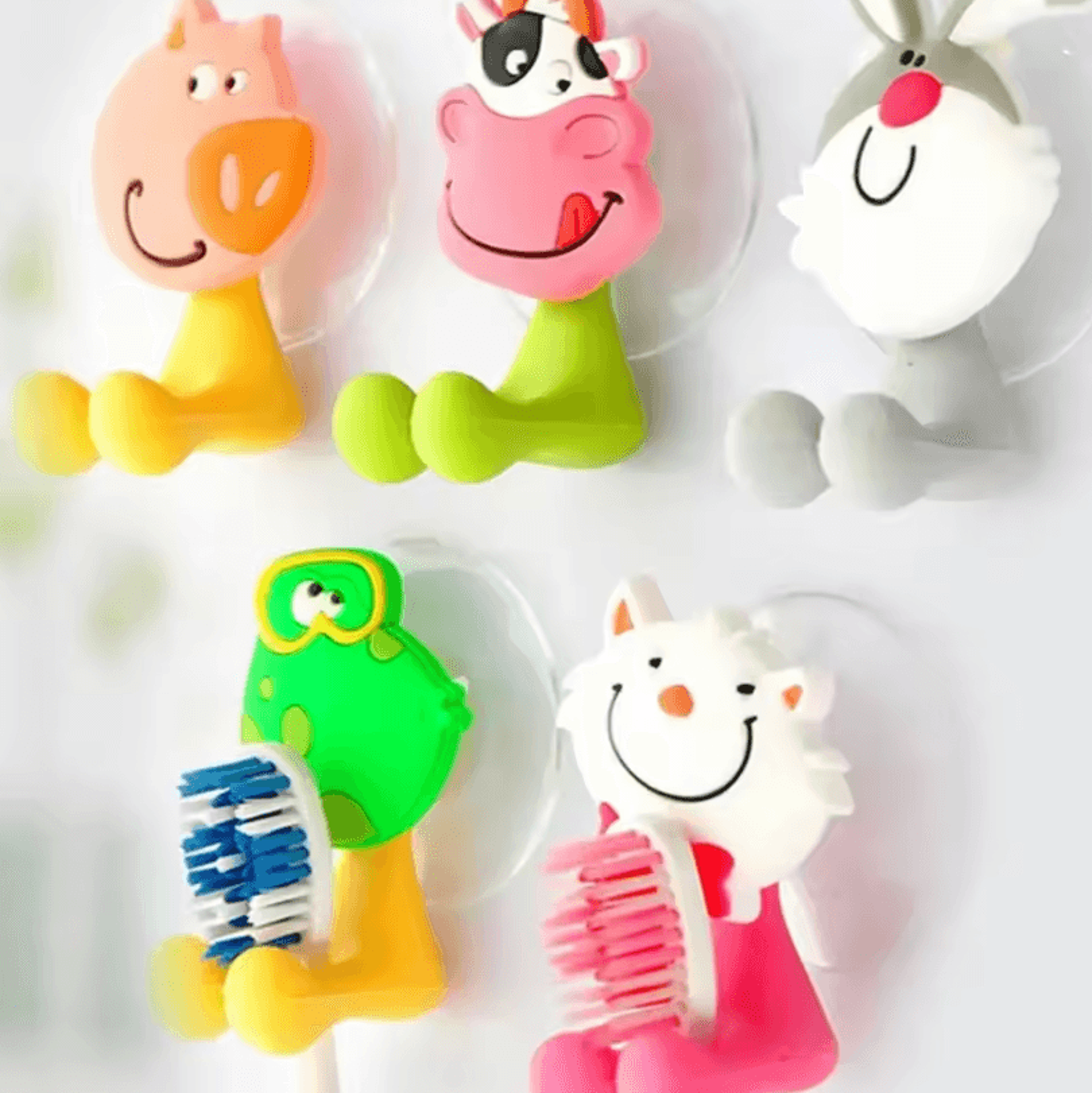 cute cartoon animal toothbrush holder with suction – kids wall-mounted toothbrush & toothpaste organizer
