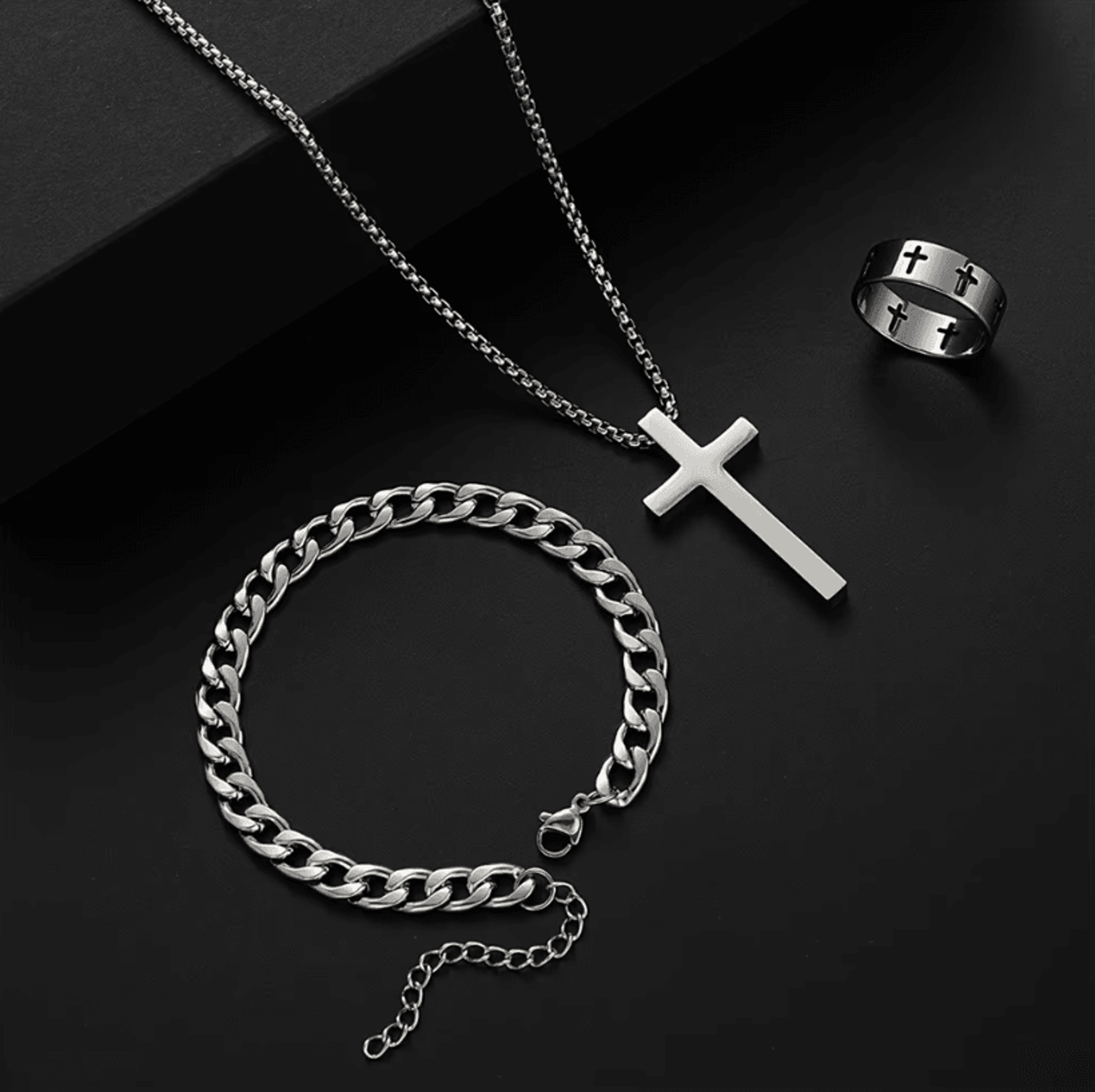Mens Stainless Steel Cross Jewelry Set Necklace Bracelet Ring Hip Hop Accessories 1