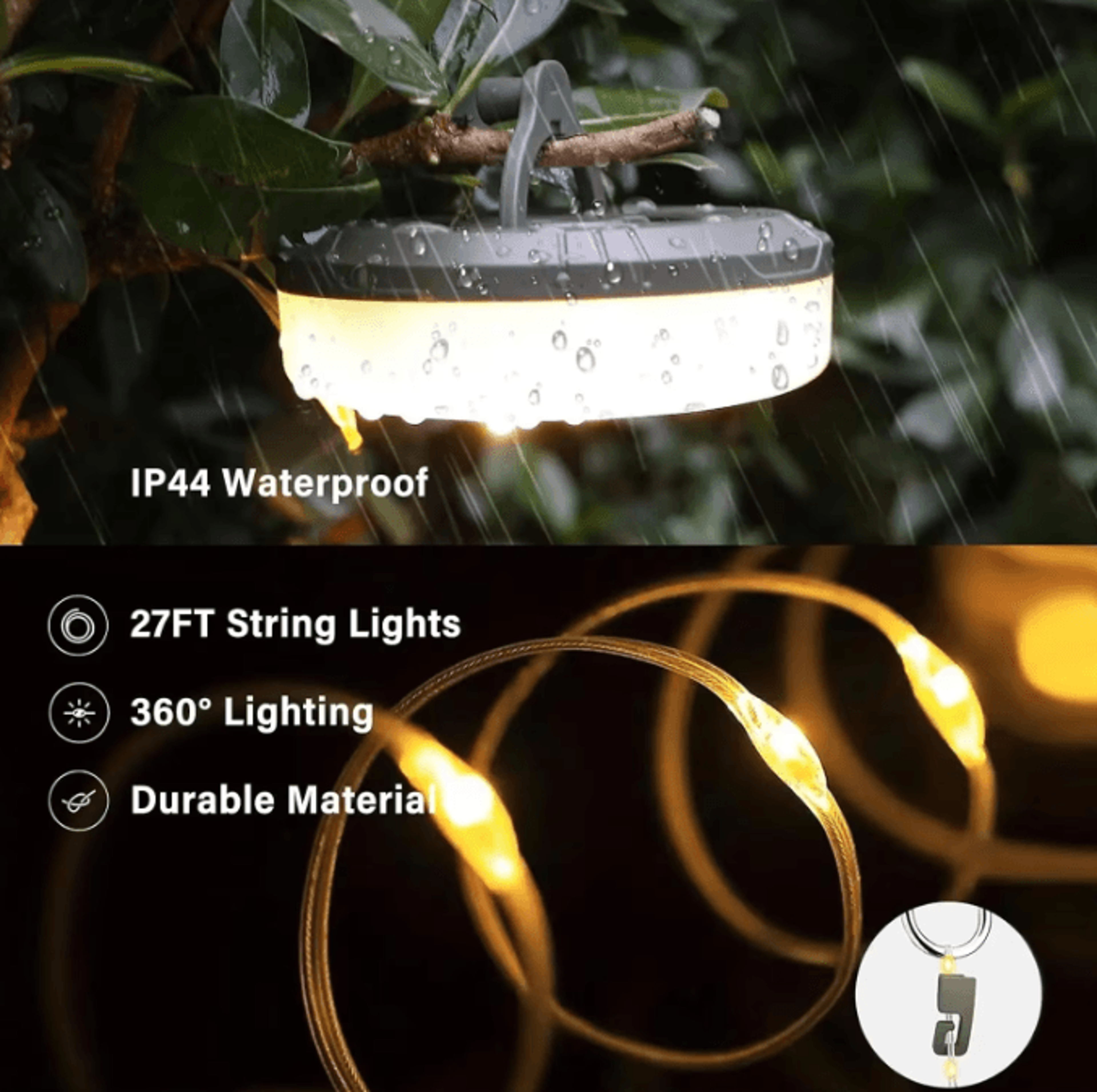 4in1 LED Camping String Lights With Retractable Reel  USB Recharge 4