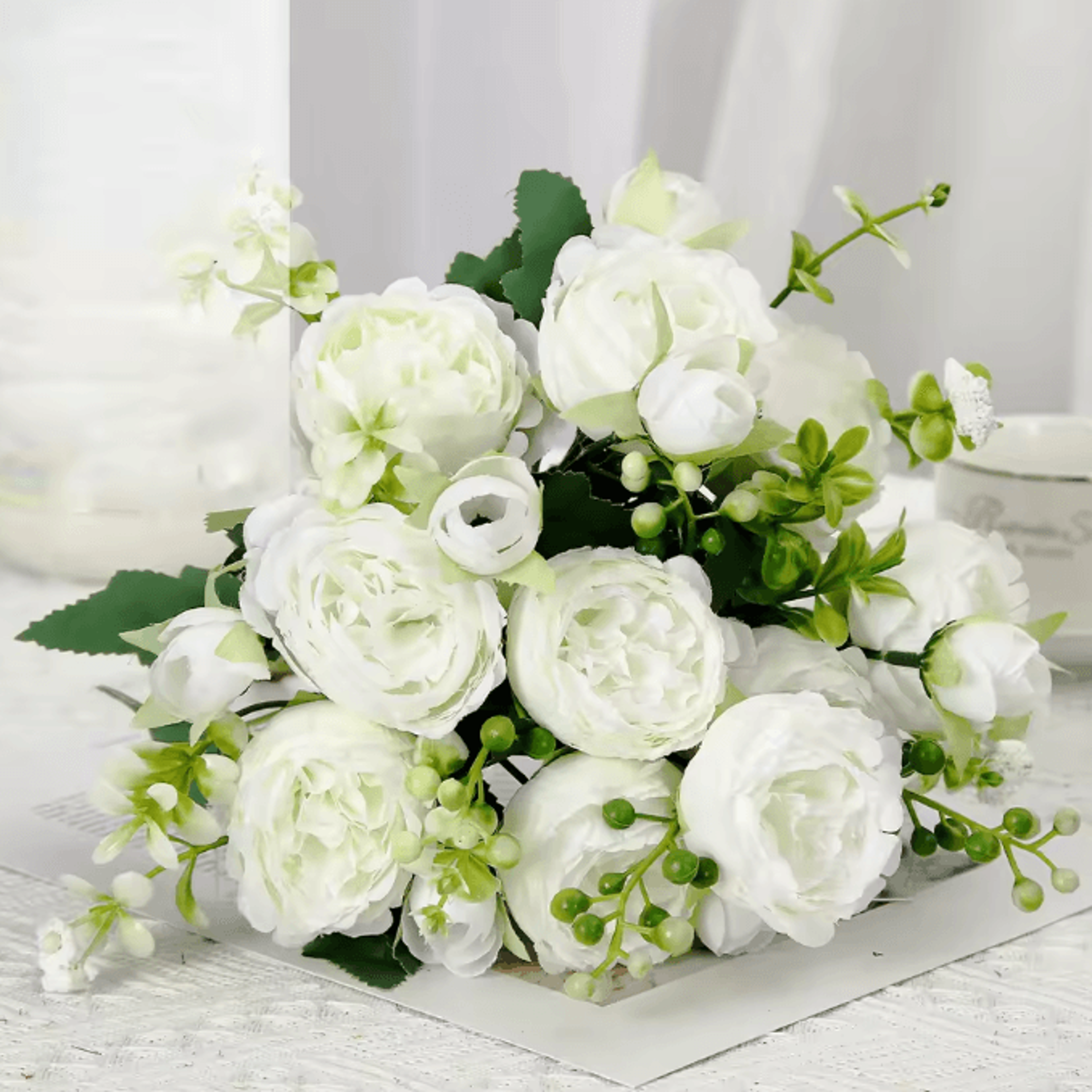 Pink  White Artificial Rose Bouquet  Realistic Silk Flowers For Home  Wedding Decor 8